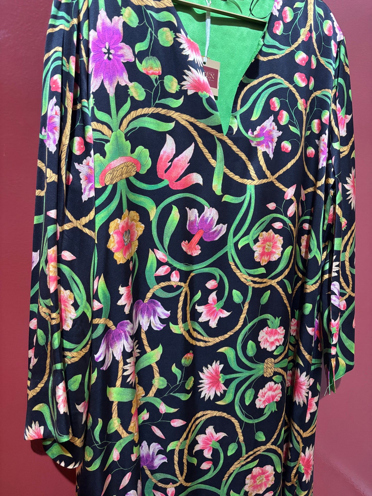 Josie Natori Black Floral Silk Dress XL