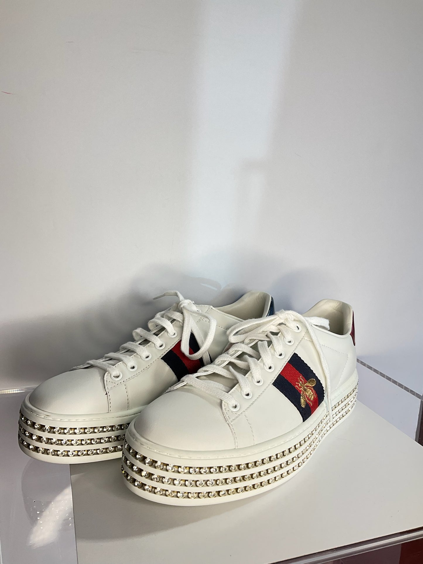 Gucci White Leather Crystal Studded Ace Lace 38.5