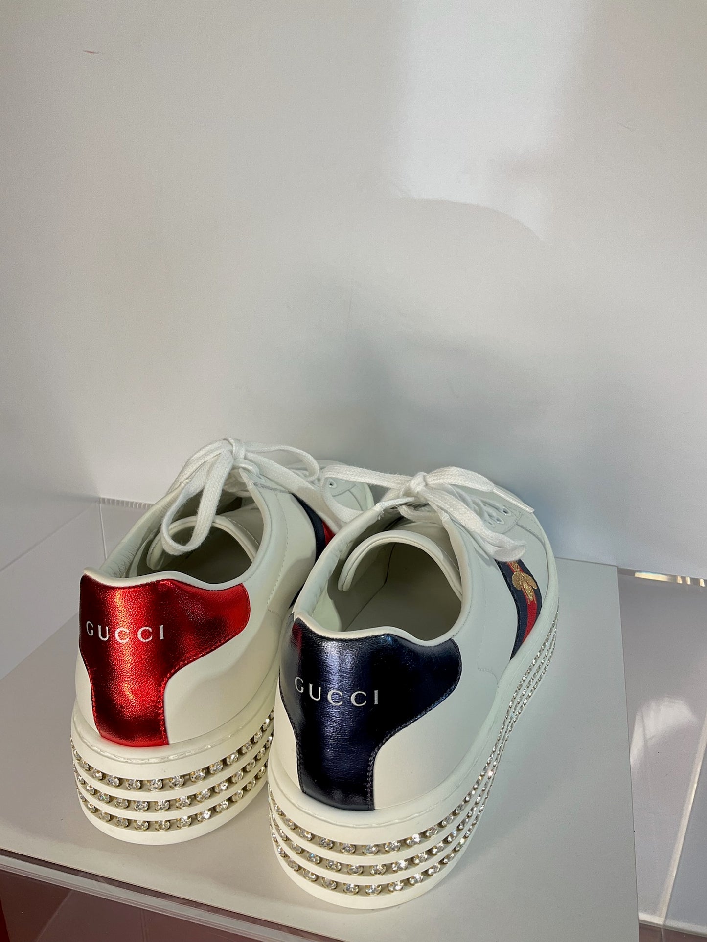 Gucci White Leather Crystal Studded Ace Lace 38.5