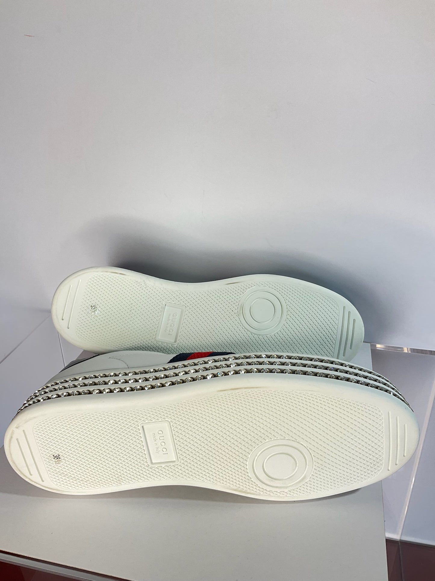 Gucci White Leather Crystal Studded Ace Lace 38.5