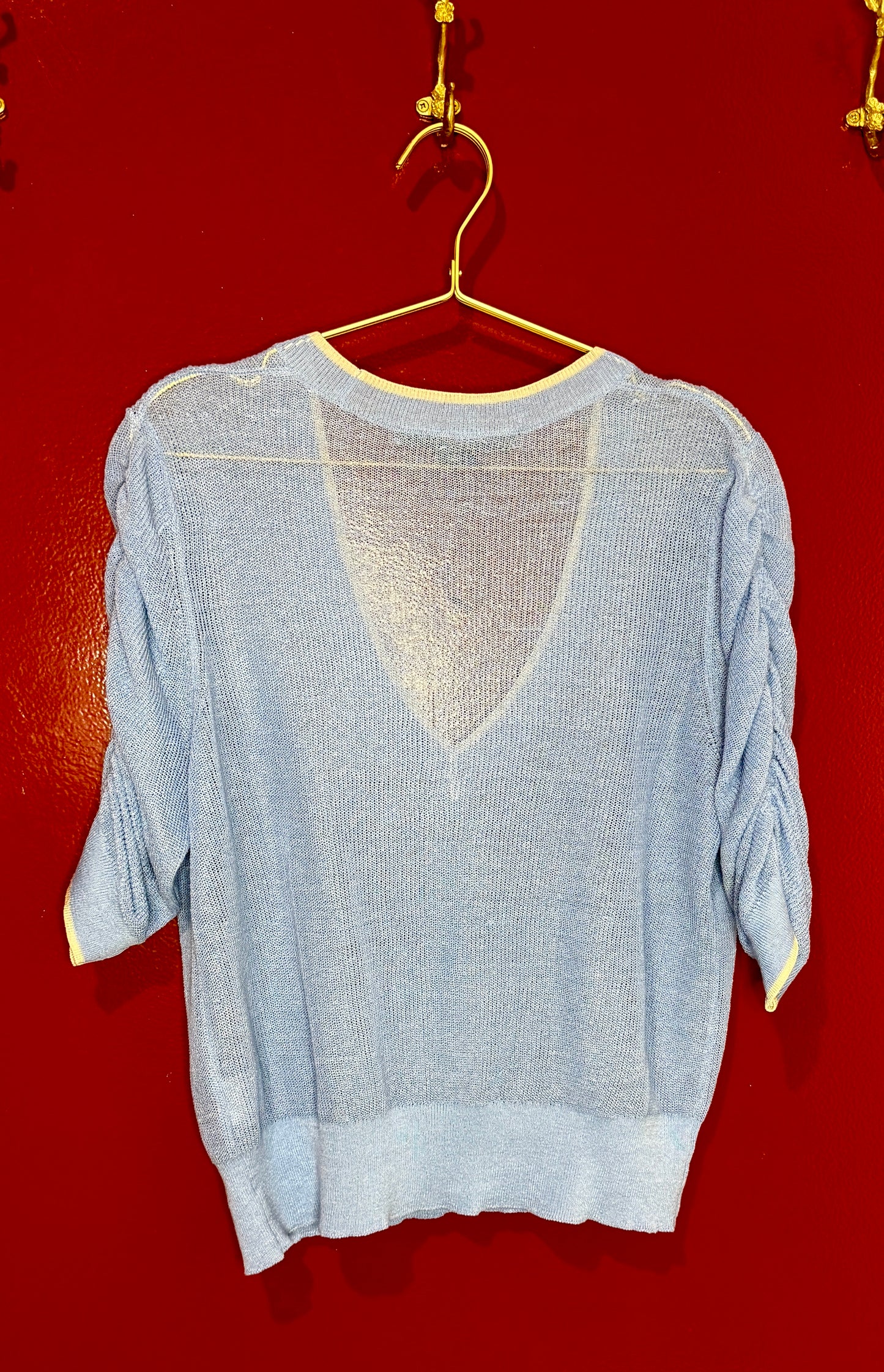 Veronica Beard Sheer Blue Knit Top with Cream Trim L