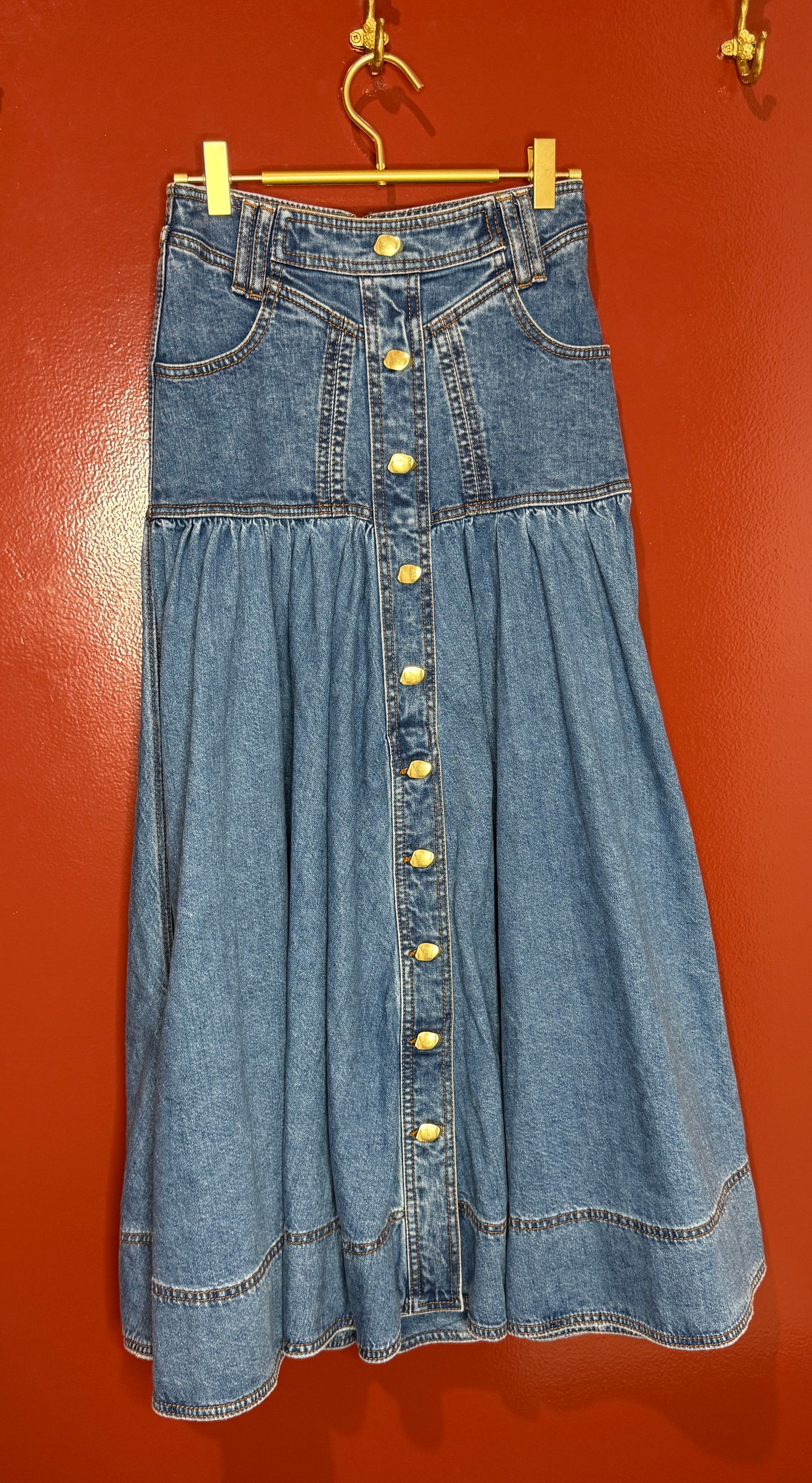 Aje Belmond Denim Midi Skirt 6 90s Wash