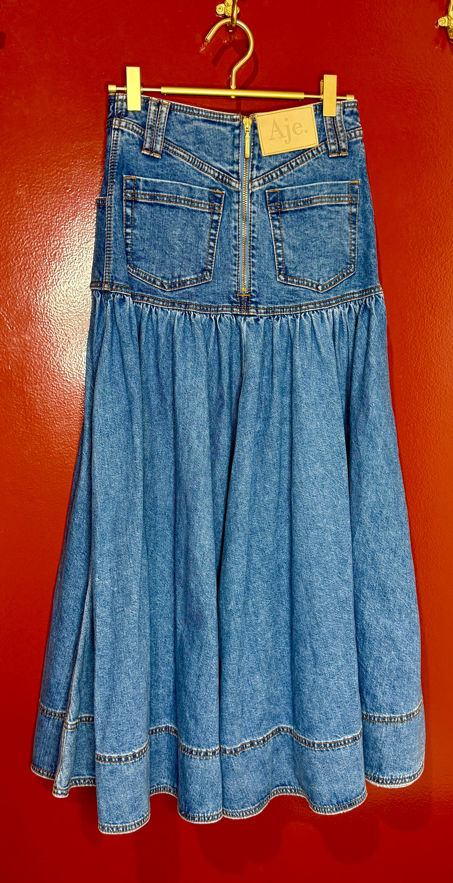 Aje Belmond Denim Midi Skirt 6 90s Wash