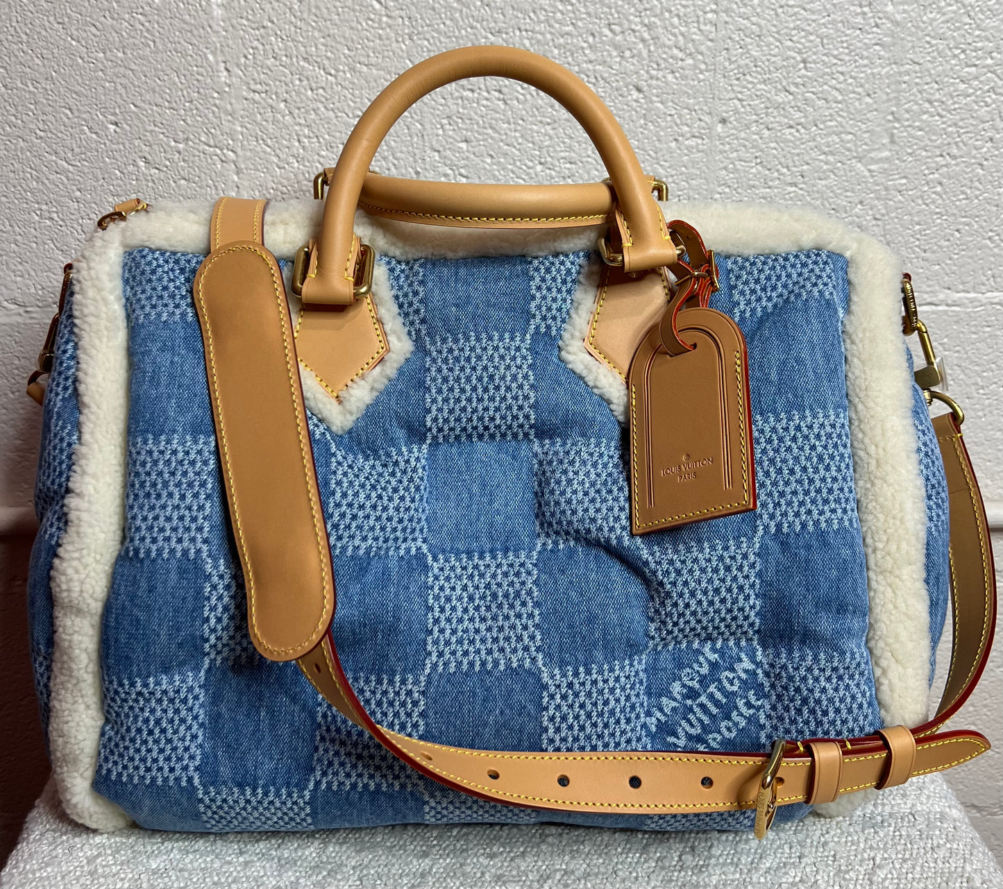 Louis Vuitton Denim Damier Speedy 40 Bandouliere w/ Shearling/Leather Trim