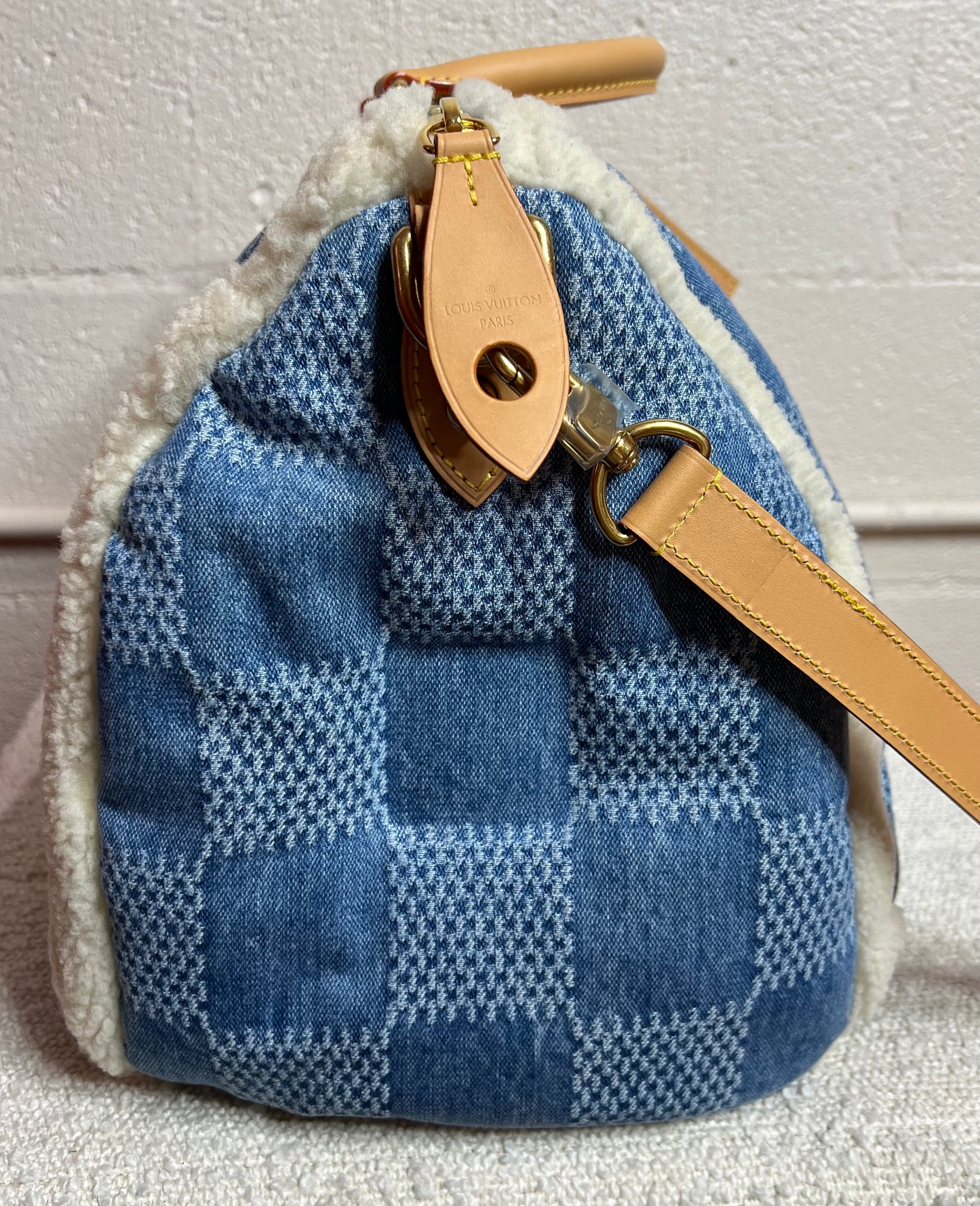 Louis Vuitton Denim Damier Speedy 40 Bandouliere w/ Shearling/Leather Trim