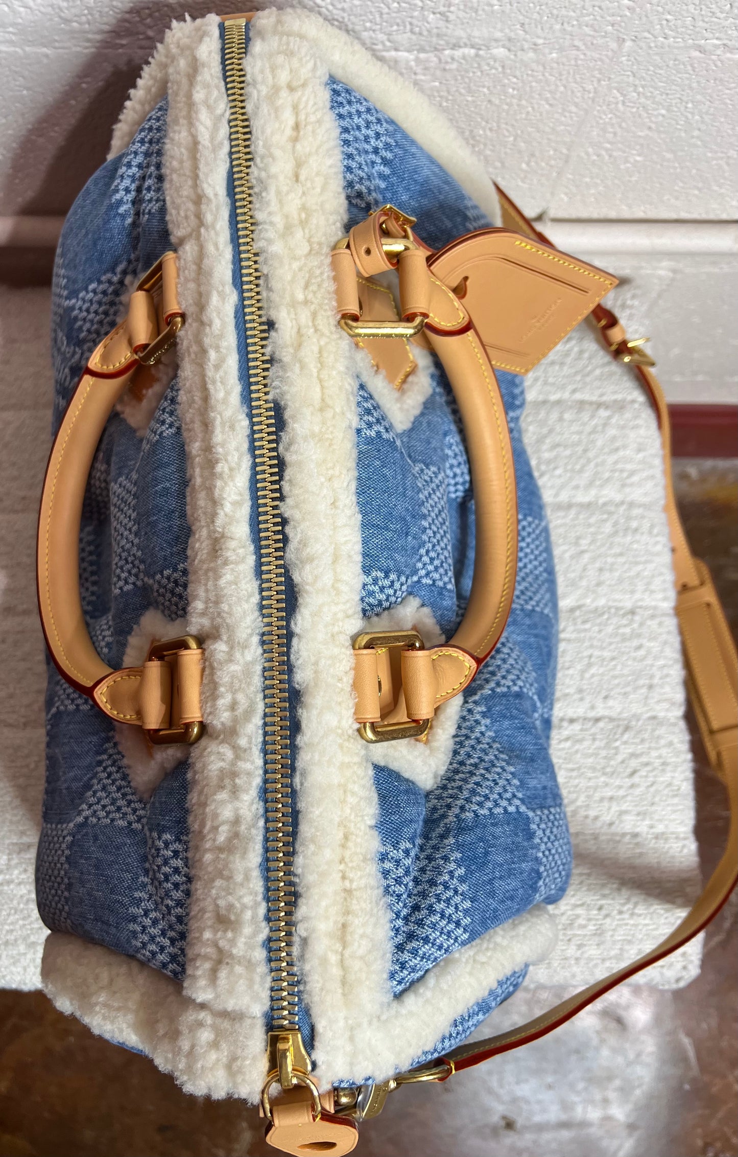 Louis Vuitton Denim Damier Speedy 40 Bandouliere w/ Shearling/Leather Trim