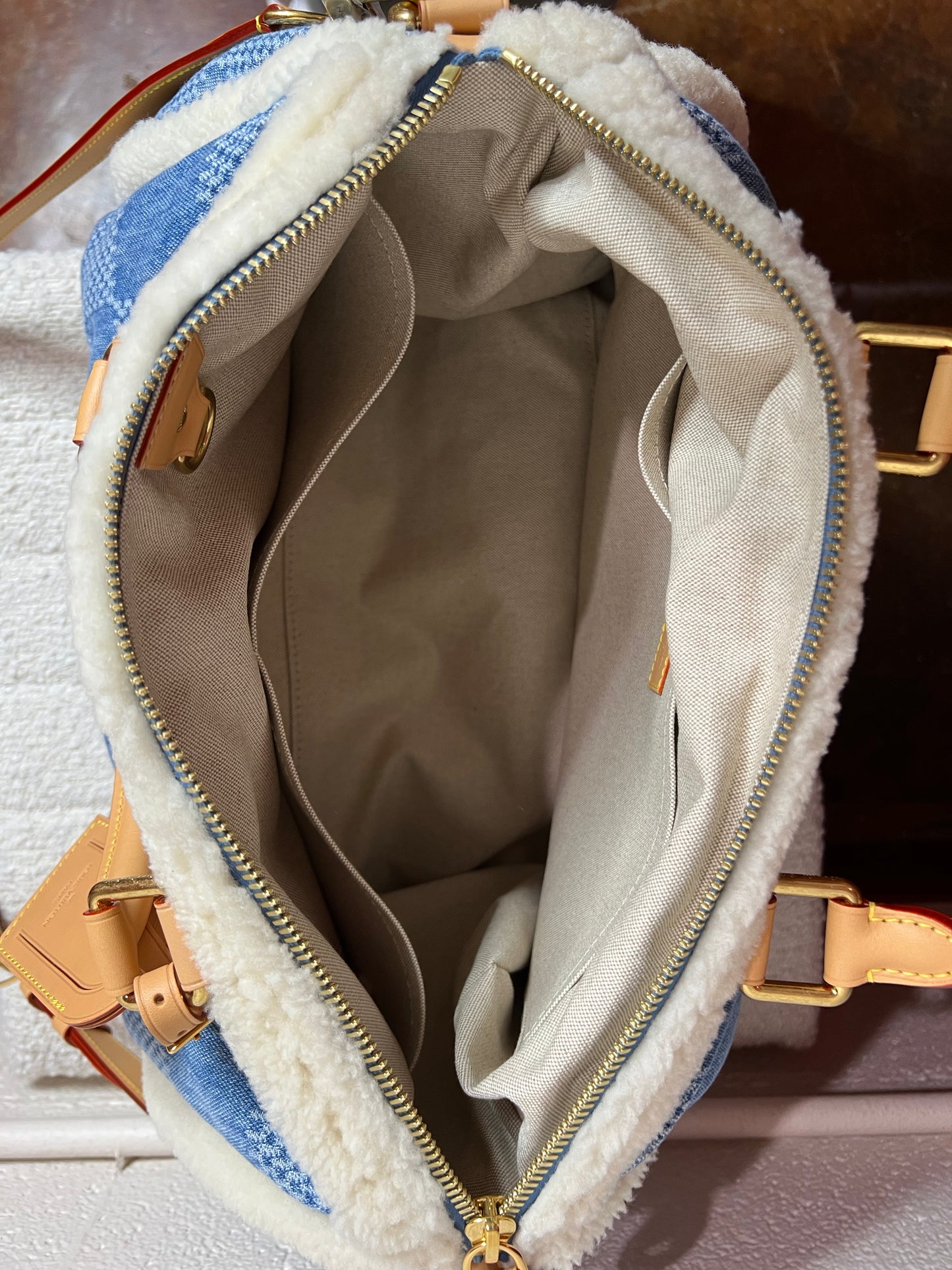 Louis Vuitton Denim Damier Speedy 40 Bandouliere w/ Shearling/Leather Trim