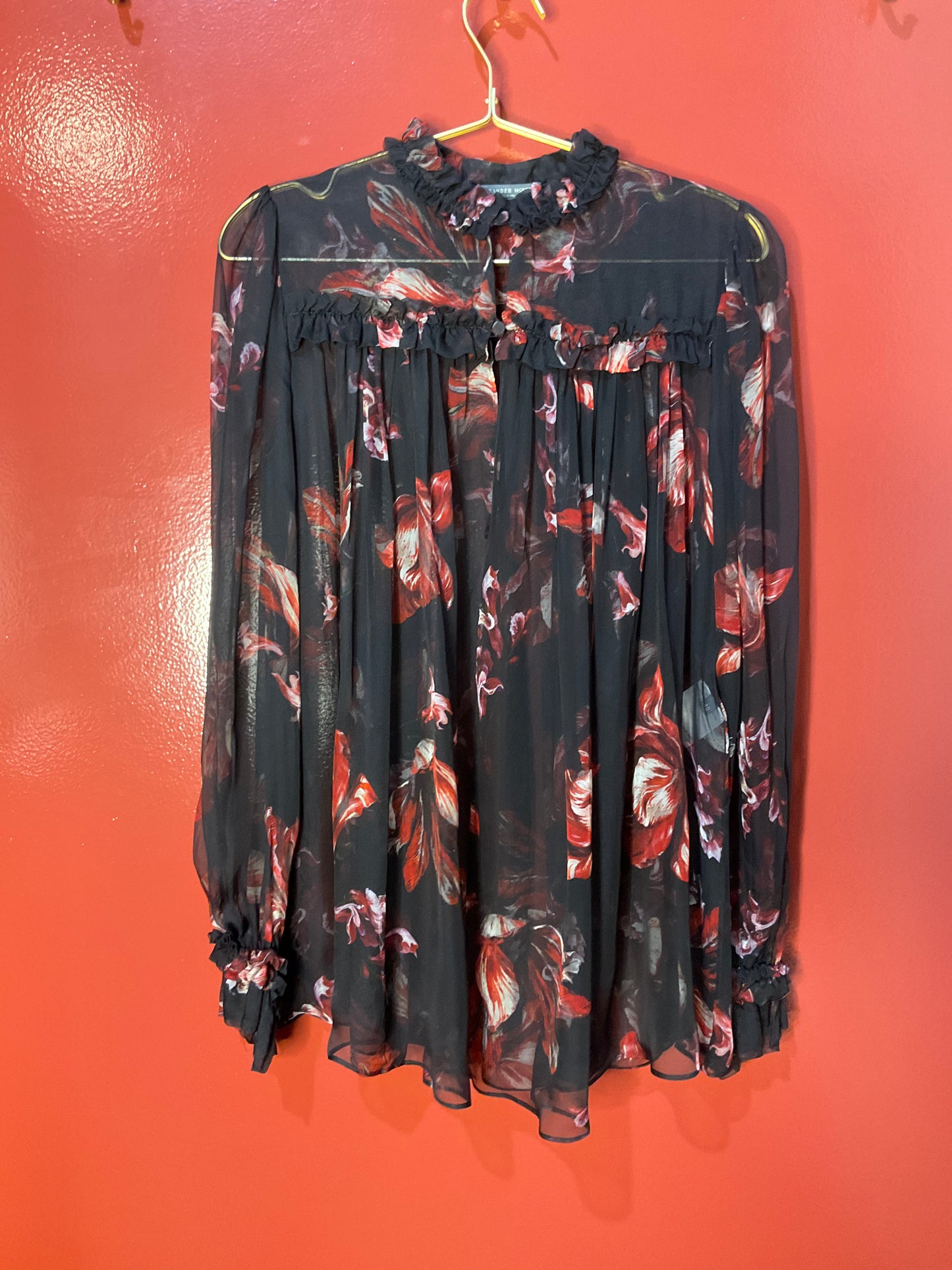 Alexander McQueen Black Floral Sheer Blouse with Ruffle 40