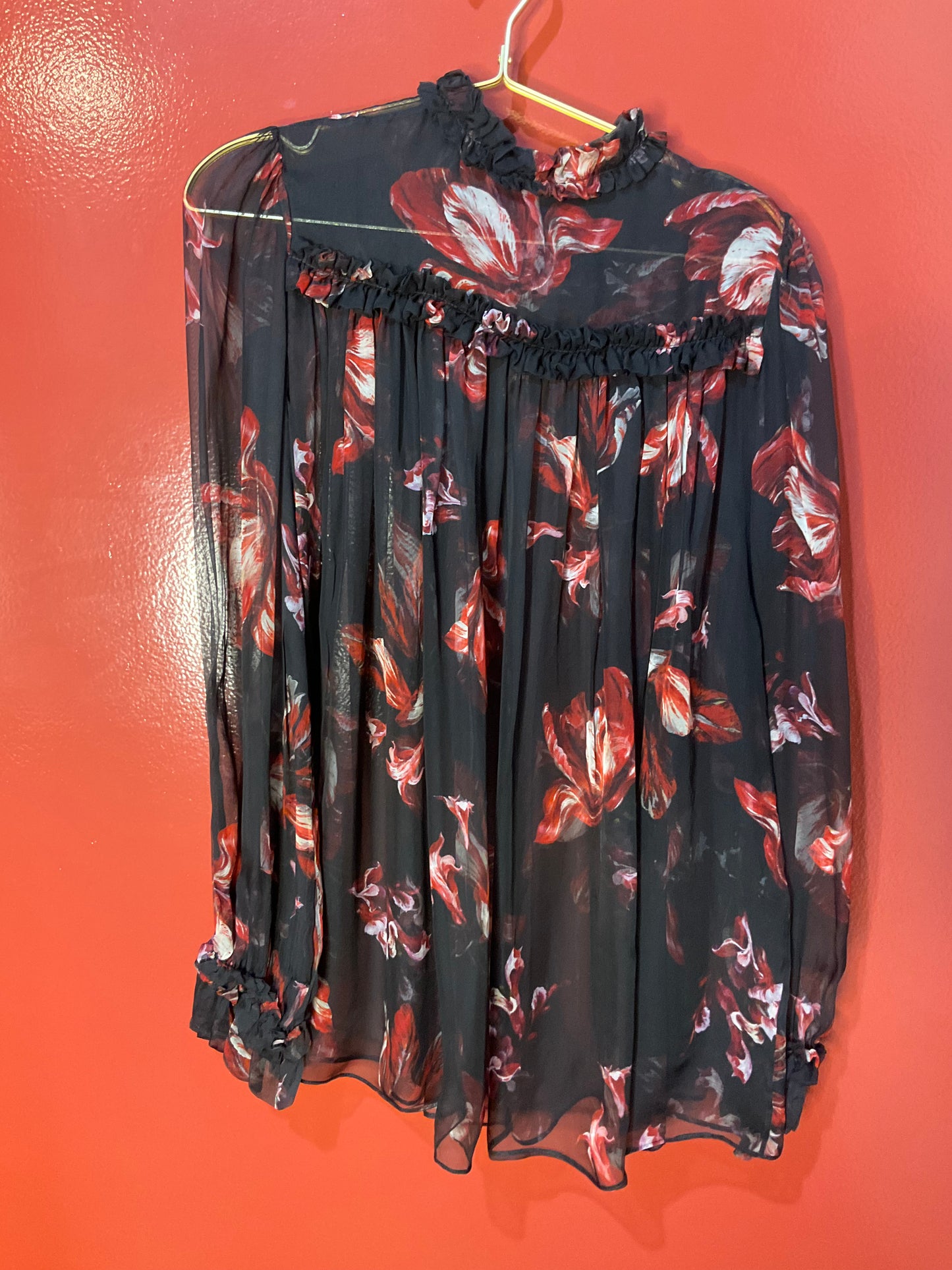 Alexander McQueen Black Floral Sheer Blouse with Ruffle 40