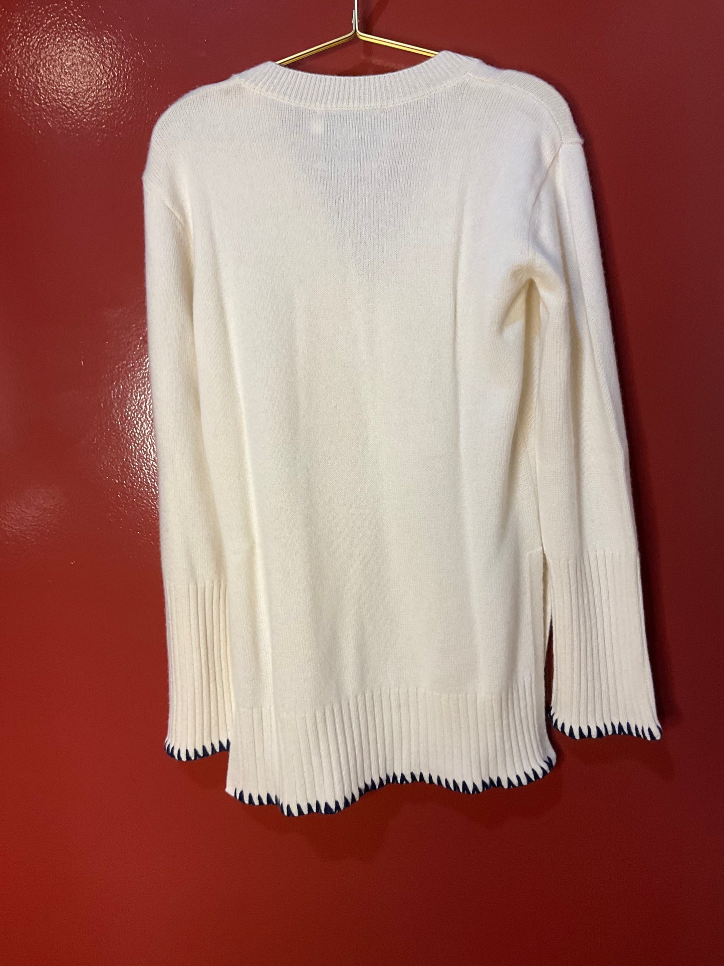 Kerri Rosenthal Cream Cashmere Sweater with Navy Trim XS