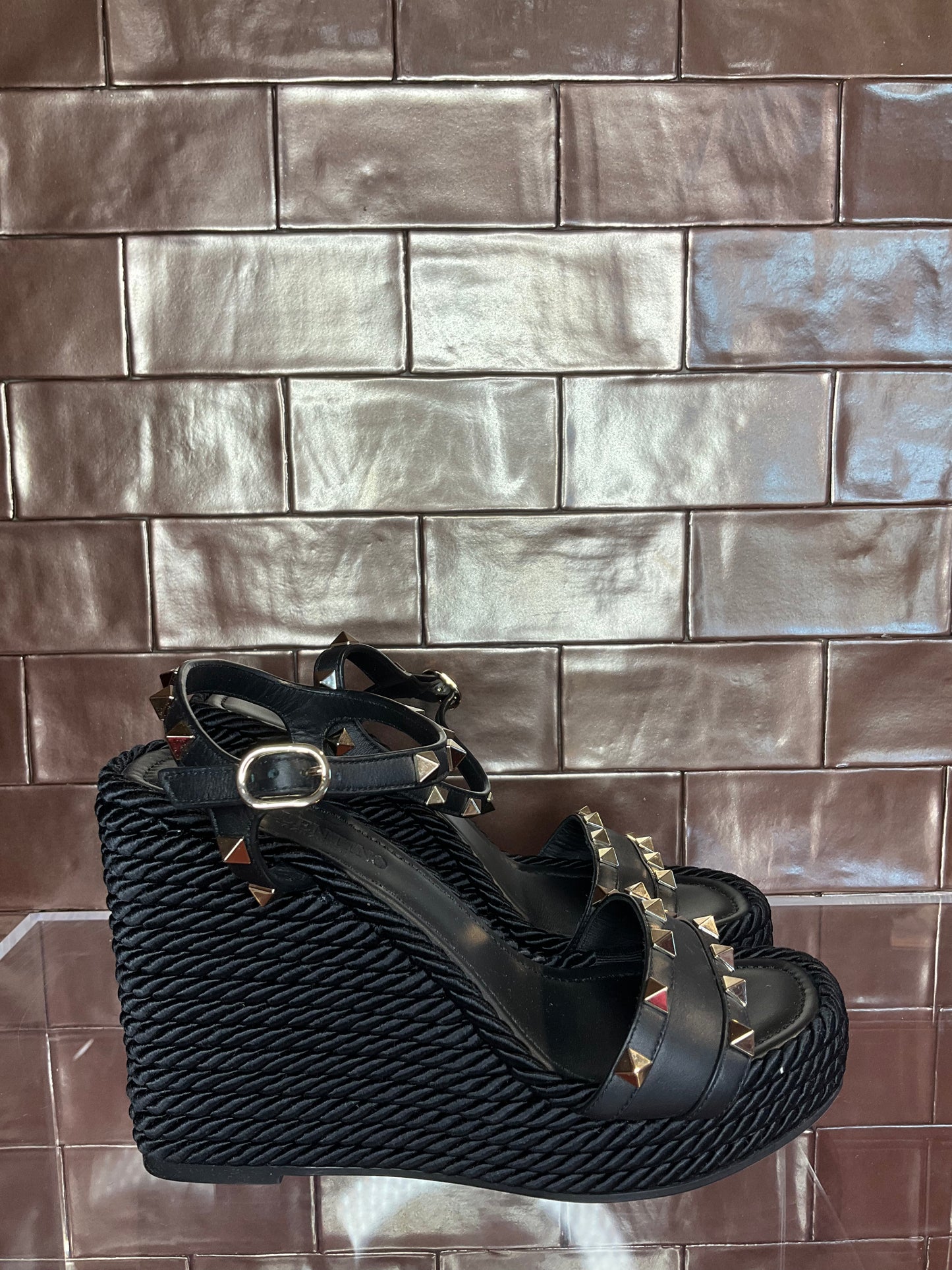 Valentino Rockstud Torchon Black Rope Wedges 38