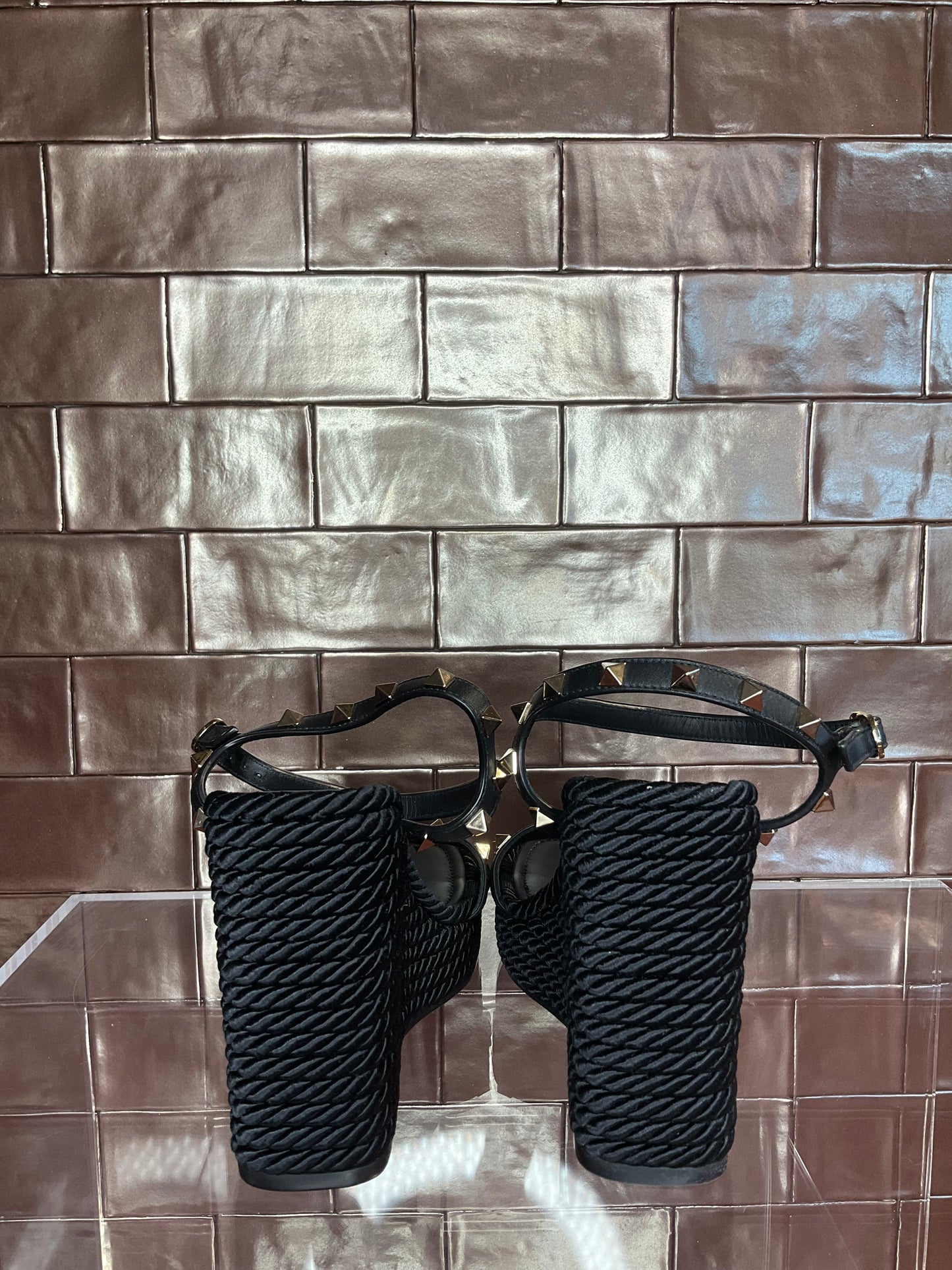 Valentino Rockstud Torchon Black Rope Wedges 38
