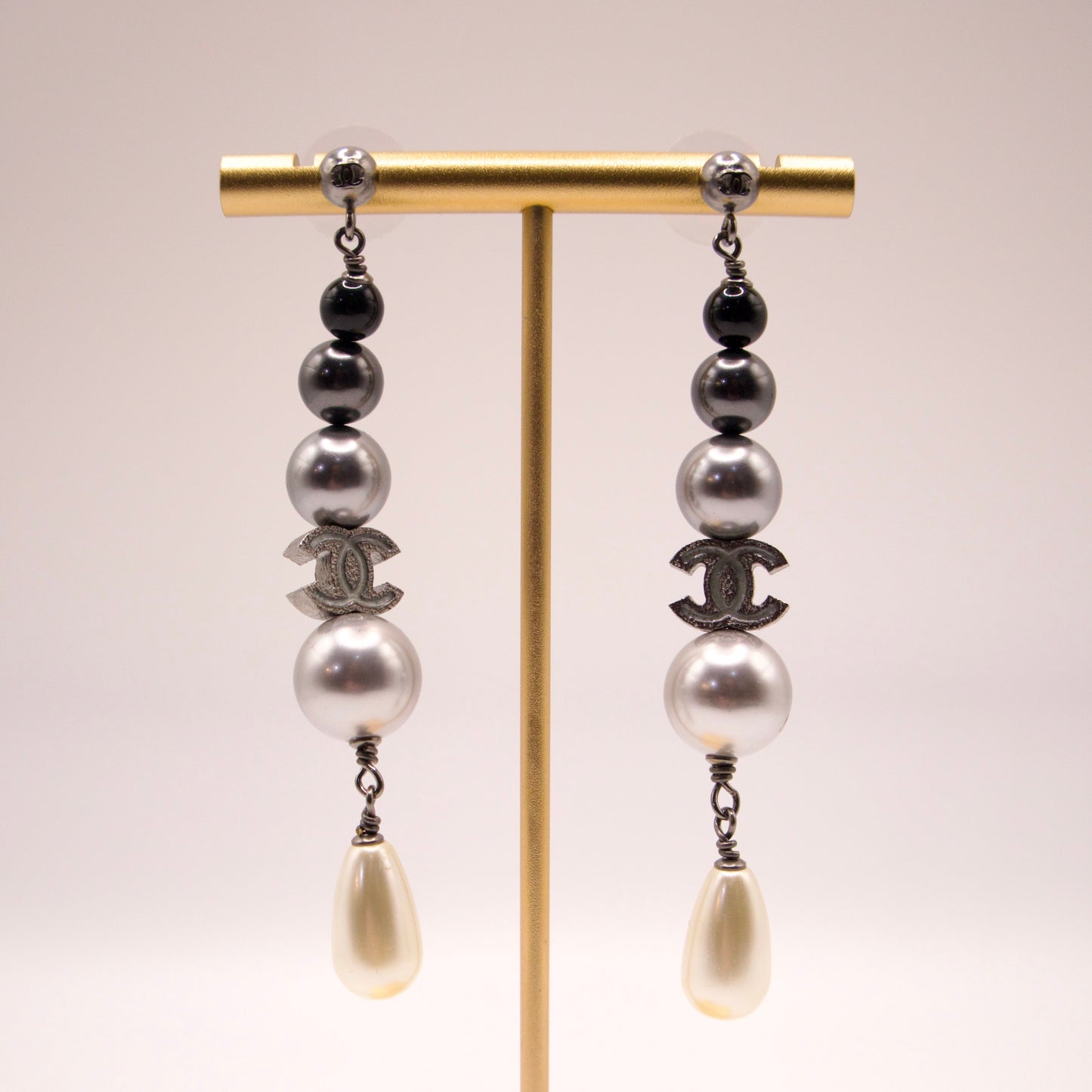 Chanel Ruthenium Pearl CC Drop Earrings