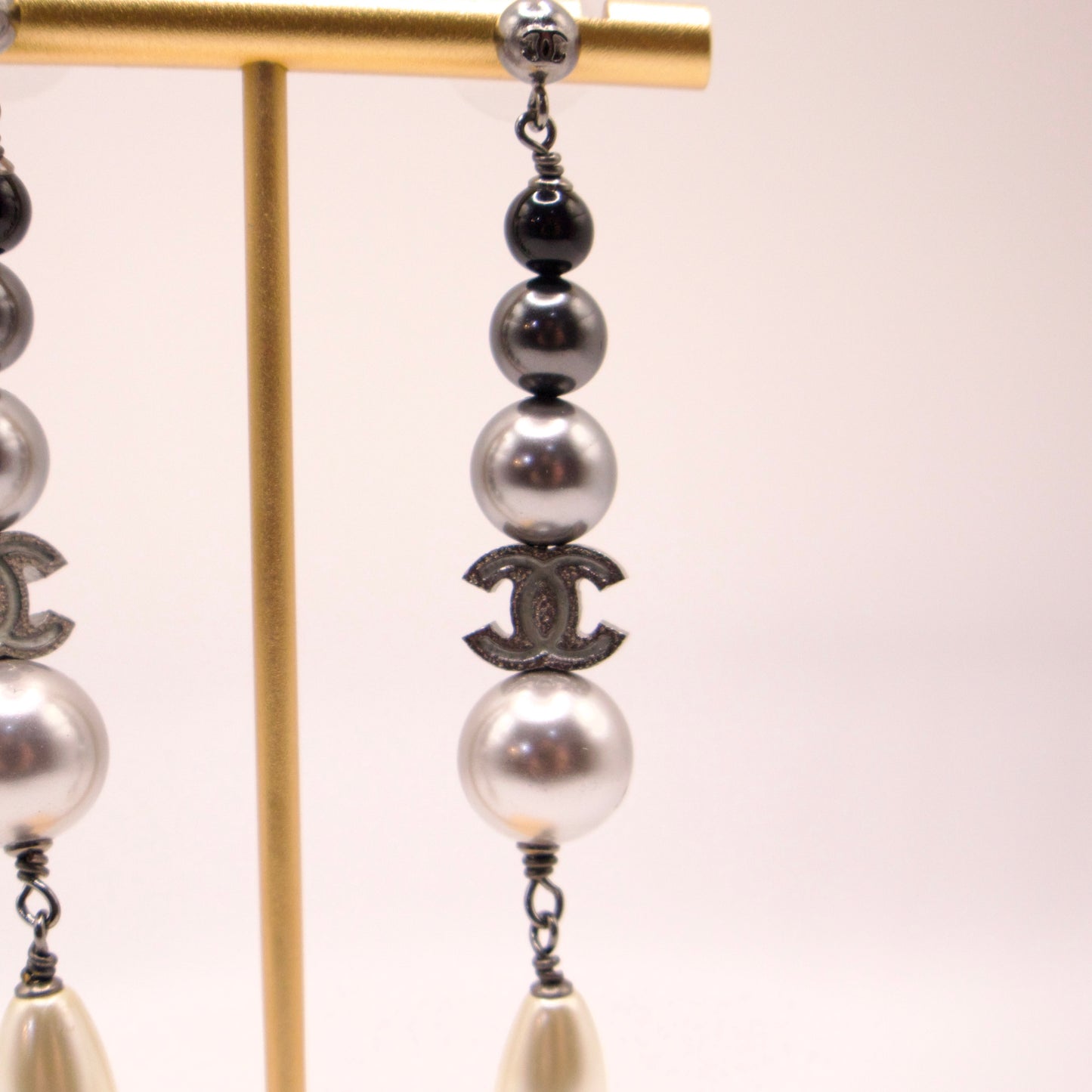 Chanel Ruthenium Pearl CC Drop Earrings