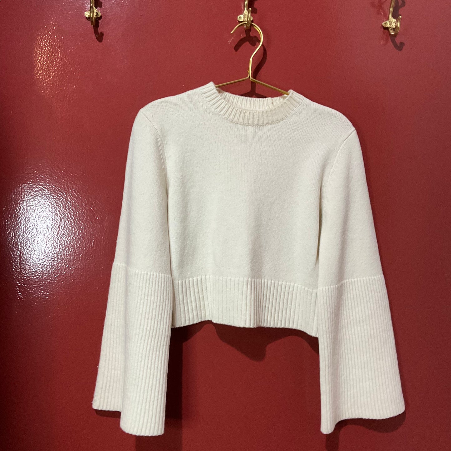 A.L.C. Cream Cropped Wool Sweater with Bell Sleeves XS