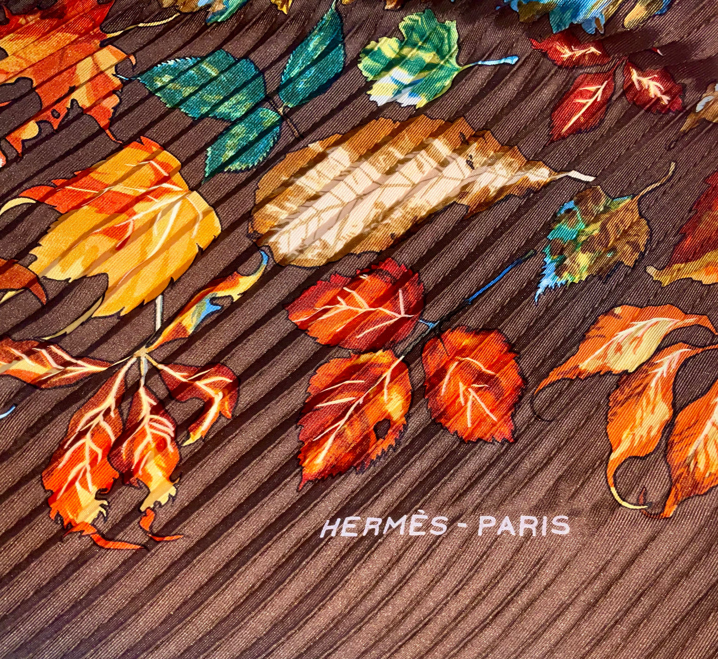 Hermes Brown Autumn Leaves Pleated Scarf