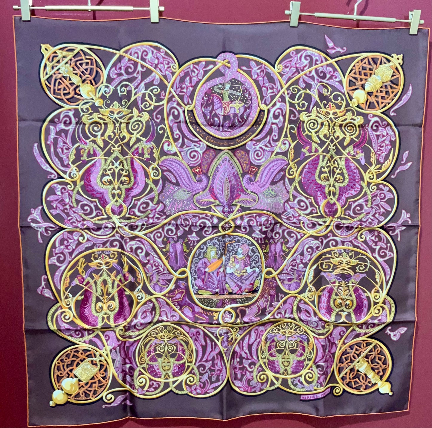 Hermes La Charmane Aux Animaux Chocolat Scarf
