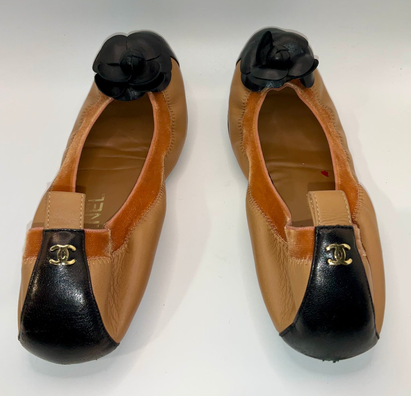 Chanel Tan Ballerines with Black Cap Toe and Flower