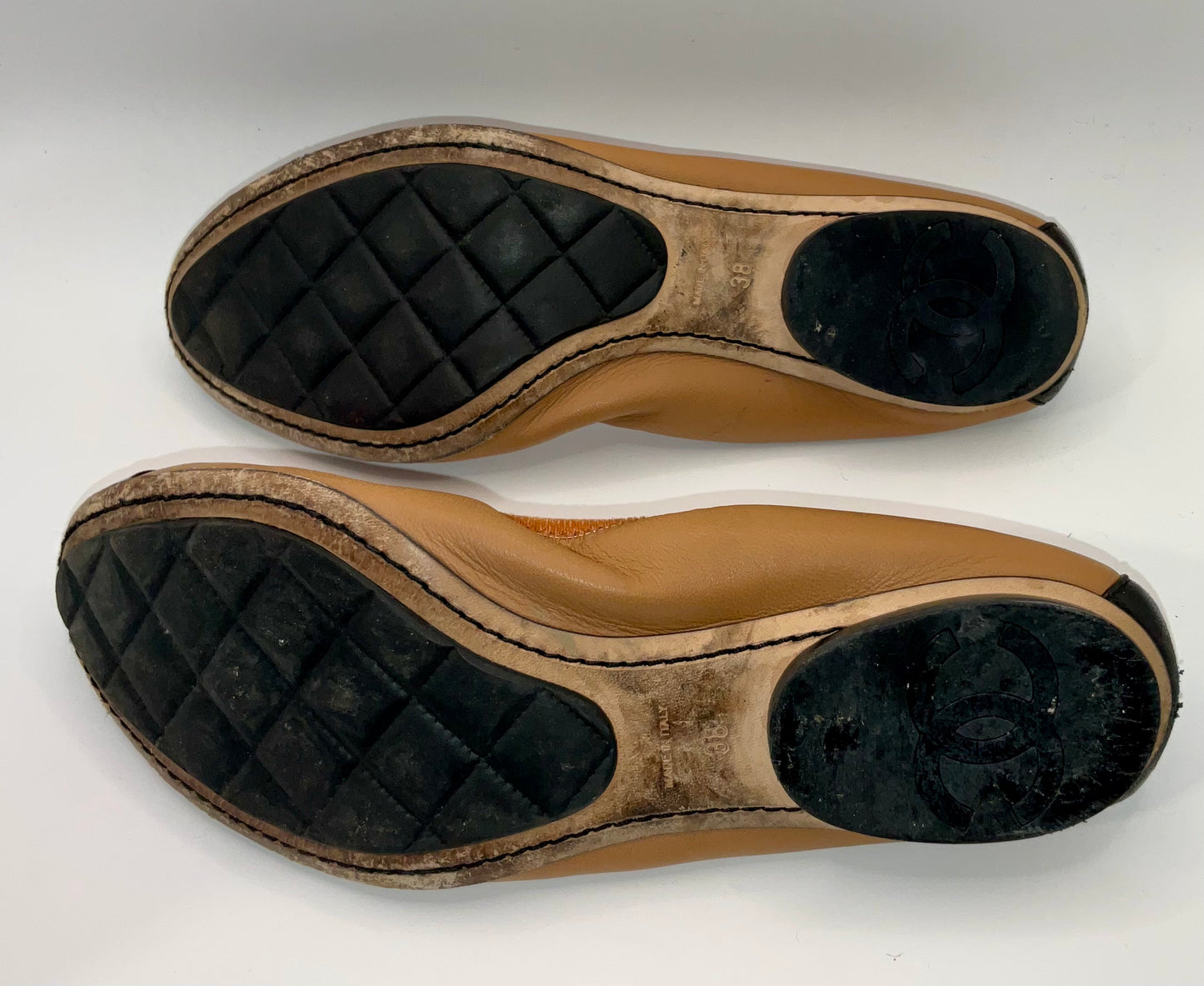Chanel Tan Ballerines with Black Cap Toe and Flower
