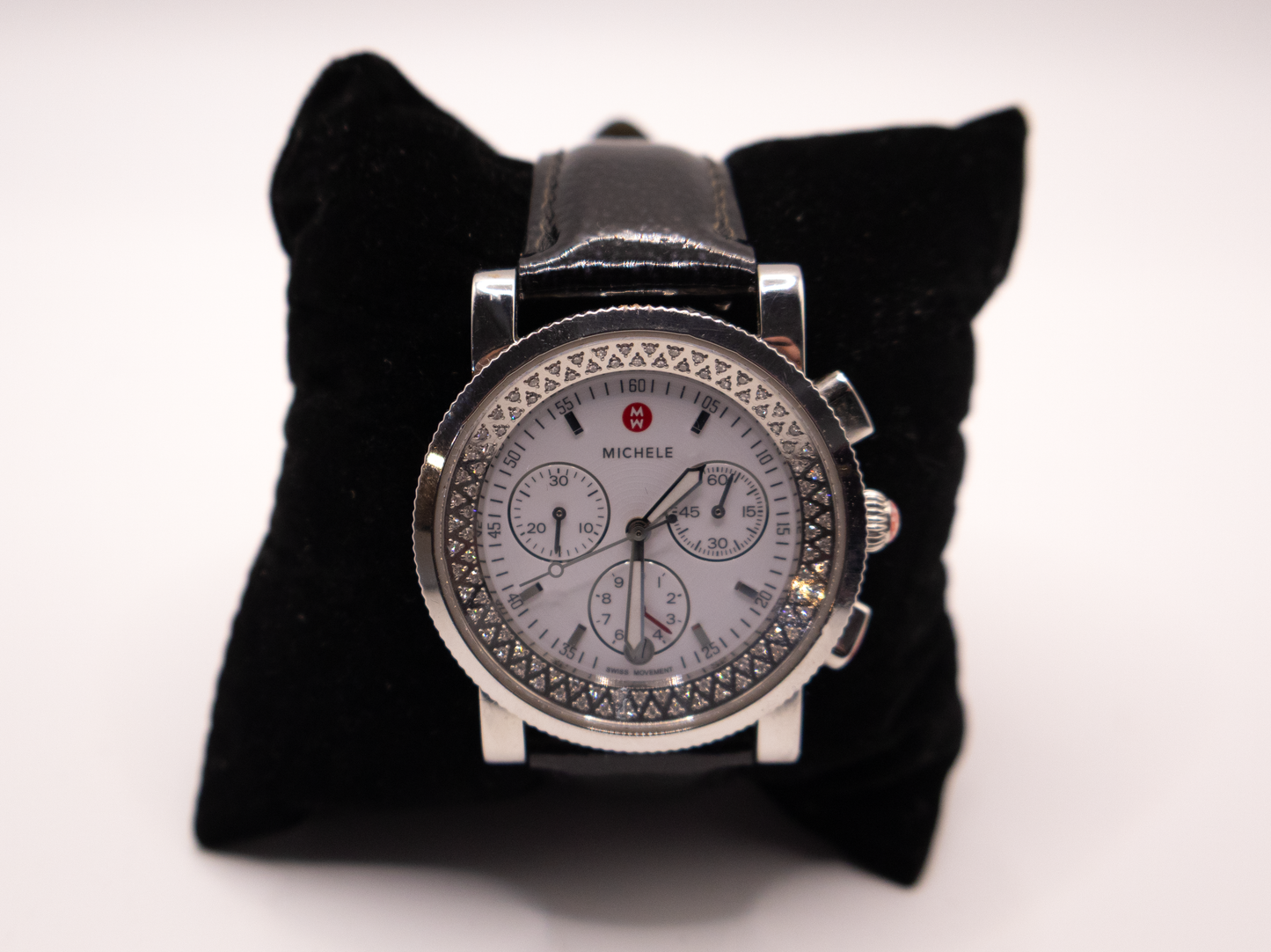 Michelle Sport Sail Diamond Face Watch with Black Leather Band