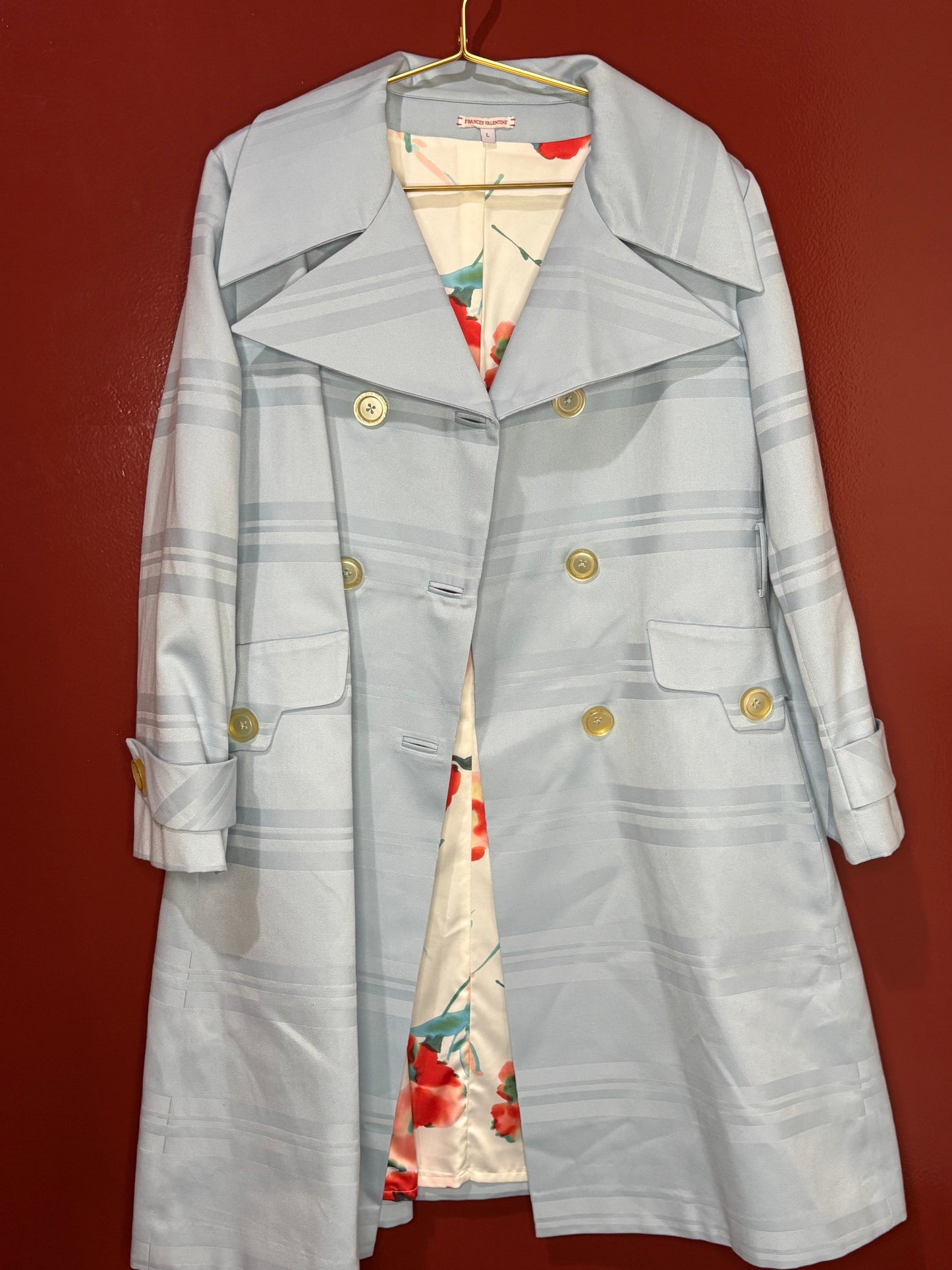 Frances Valentine Blue Striped Trench Coat L
