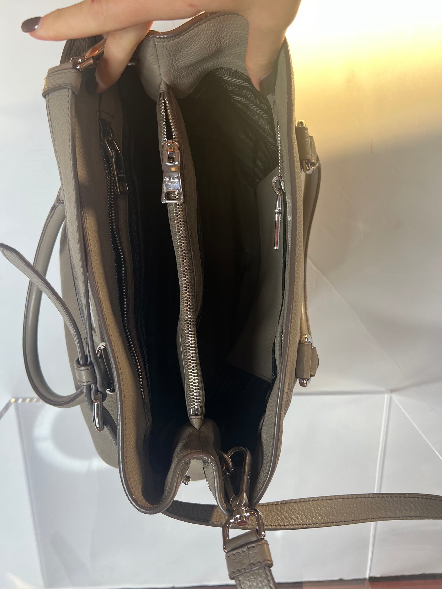 Prada Double Zip Leather Handbag Grey