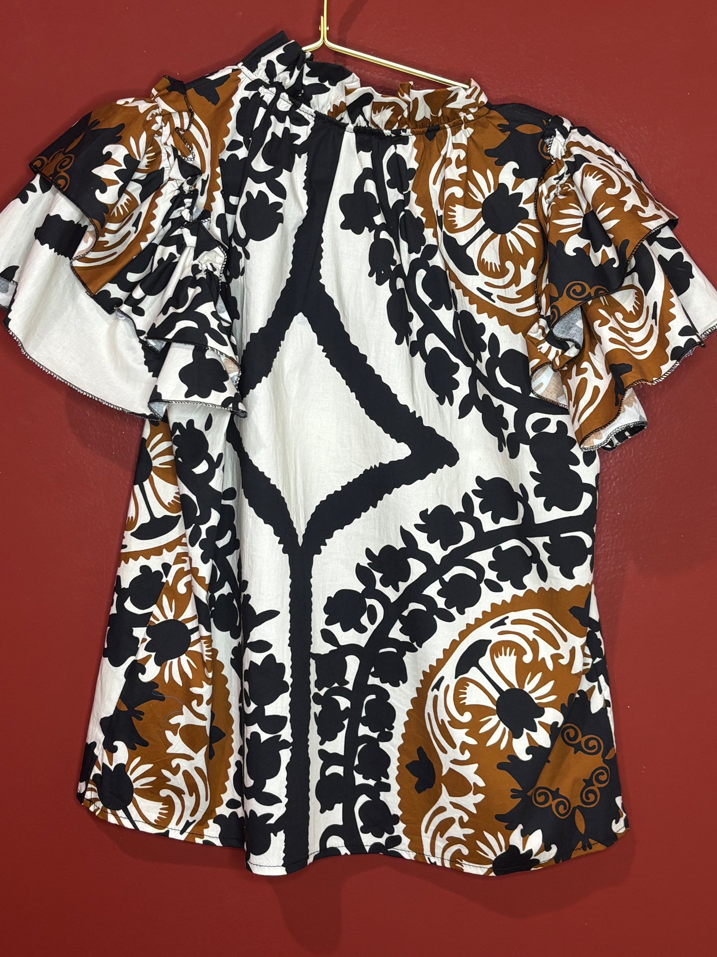 So Sia Black/Orange Patterned Top M