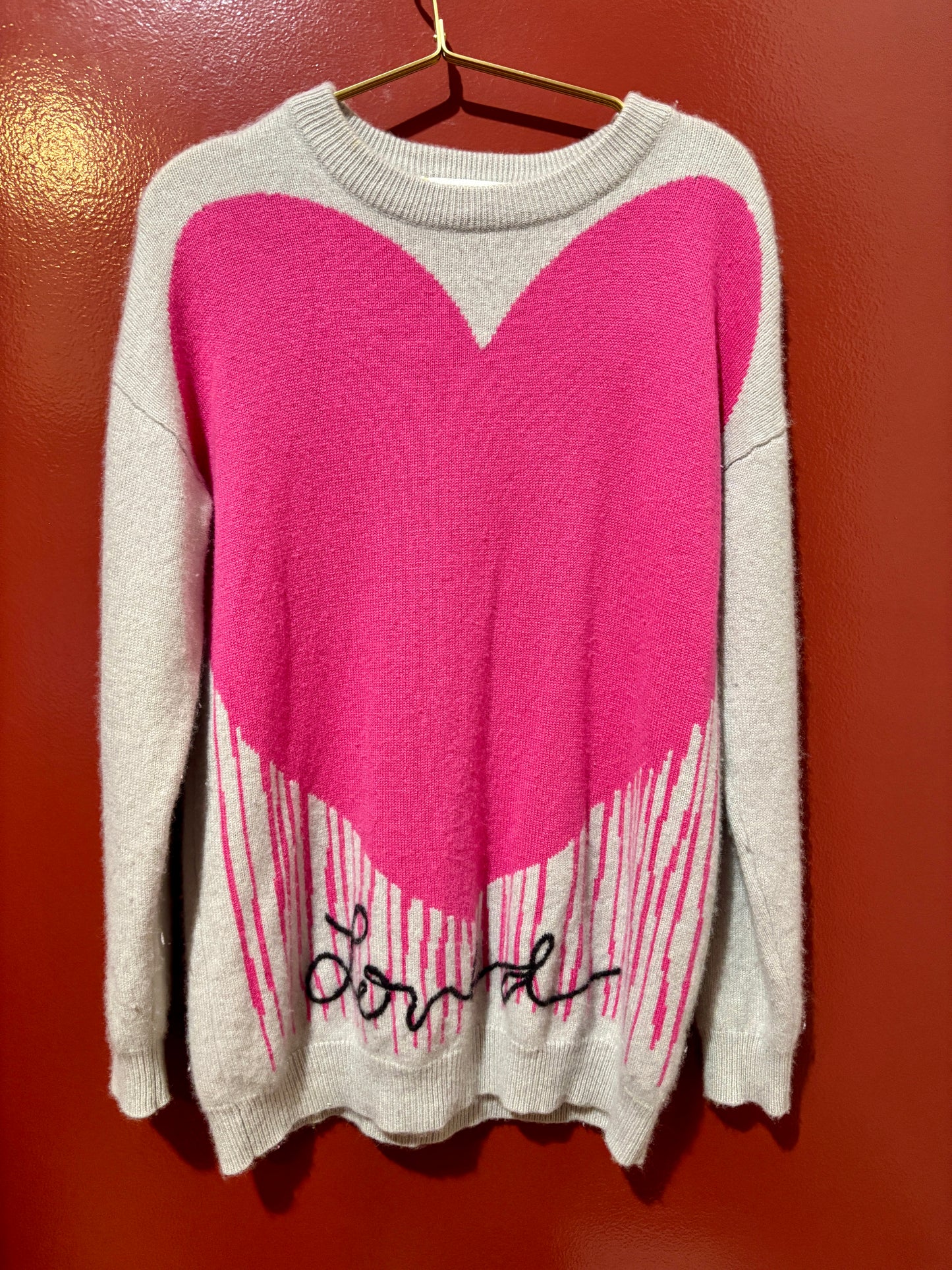 Kerri R Cashmere Grey Pink Heart Sweater S