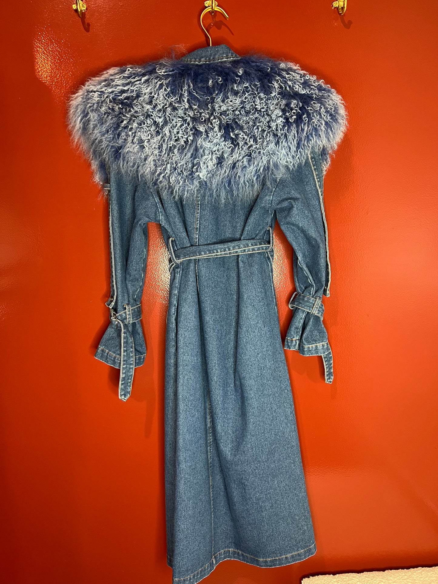 Long Denim Trench W/ Mongolian Sheep Fur Collar S/M