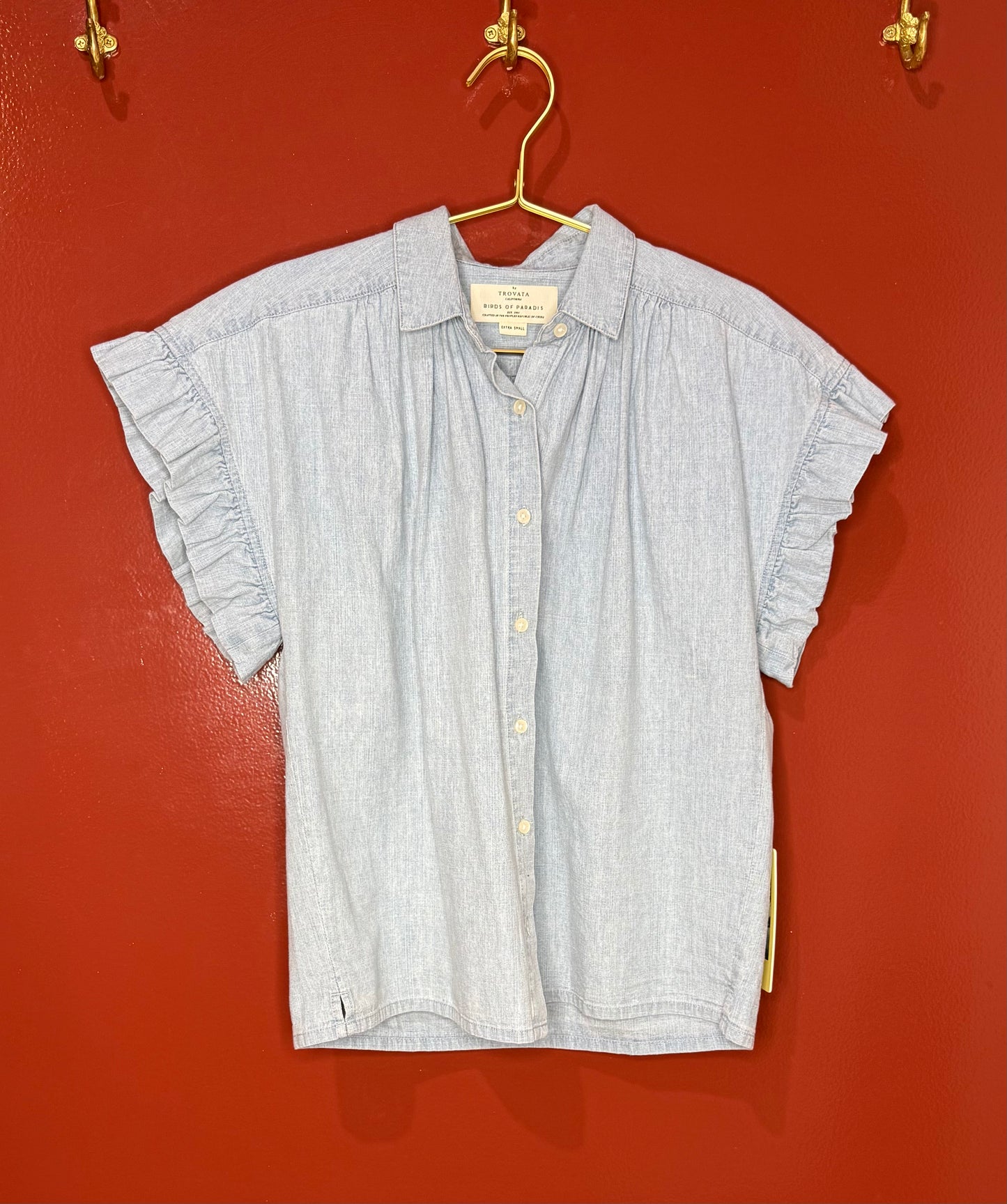 Birds of Paradise Denim Ruffle Short Sleeve Top XS