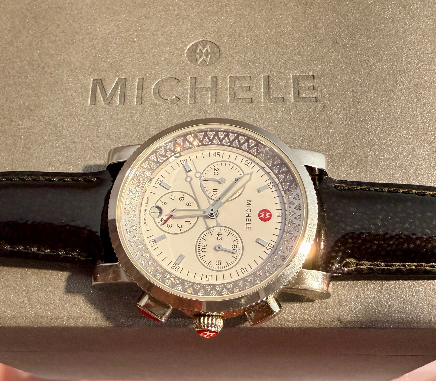 Michelle Sport Sail Diamond Face Watch with Black Leather Band