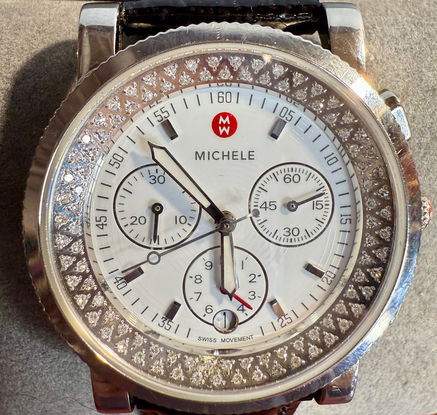 Michelle Sport Sail Diamond Face Watch with Black Leather Band
