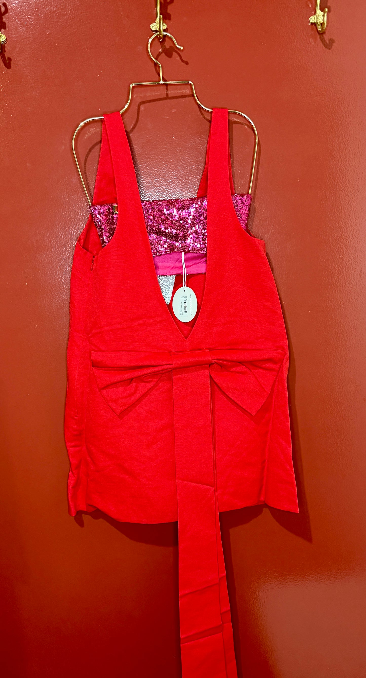 Staud Red Pink Bandeau Bow Dress M
