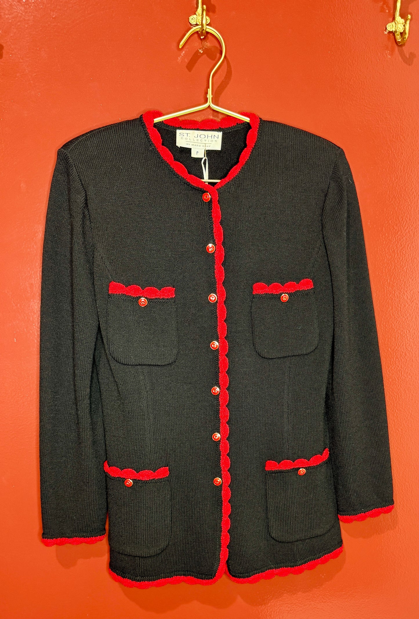 St. John Black/Red Pockets Cardigan S