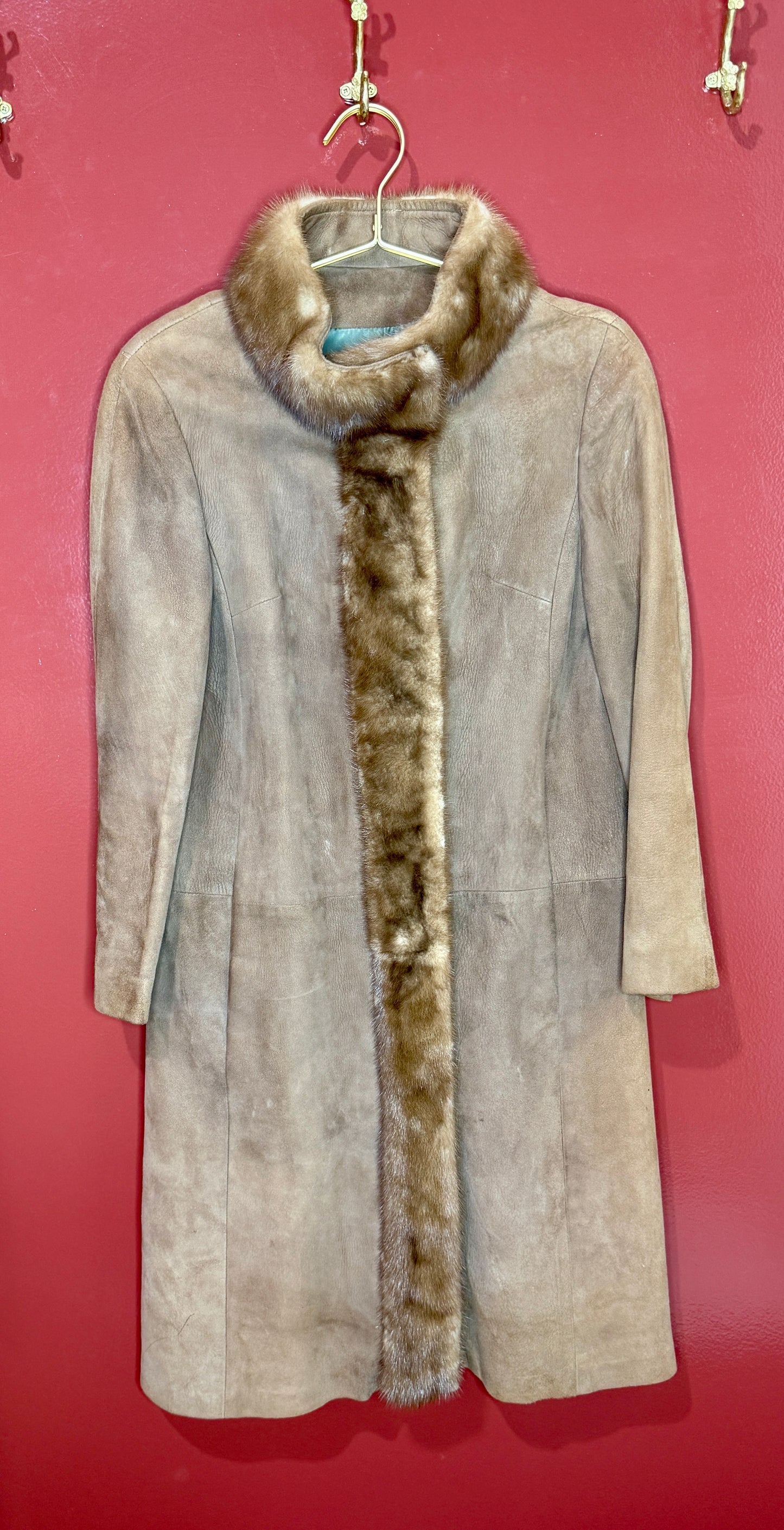 Brown Suede/Fur Long Coat S/M