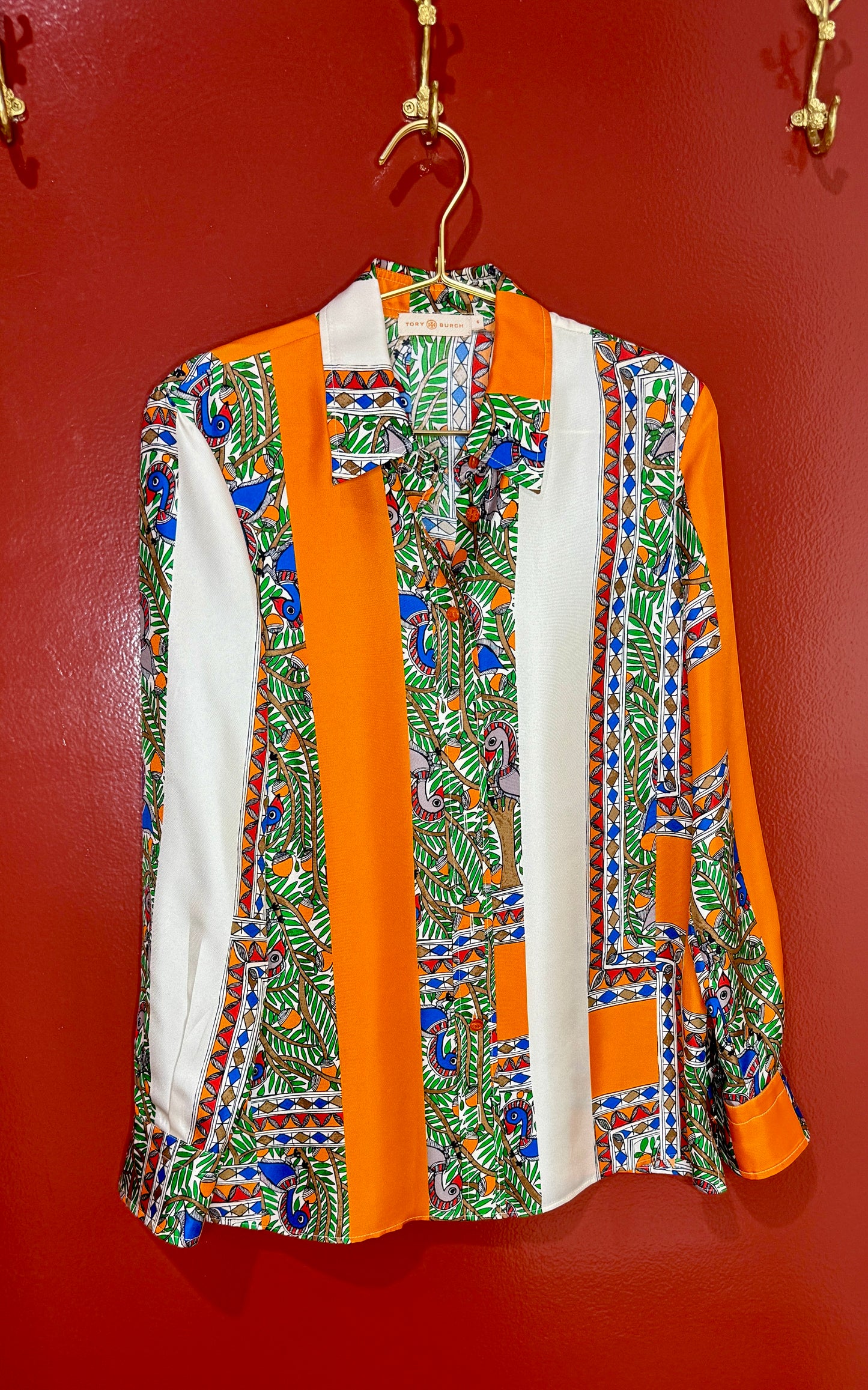 Tory Burch Silk Orange Multi Color Button Down Top 6