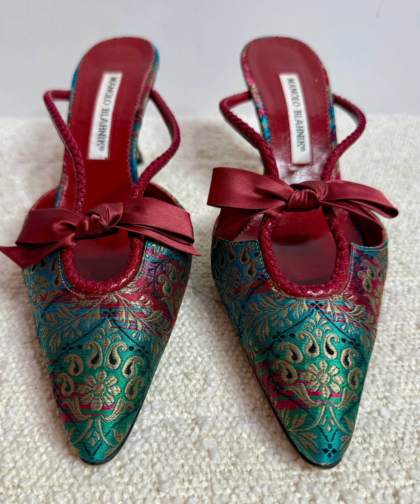 Monolo Blahnik Red/Green Mules 37 1/2
