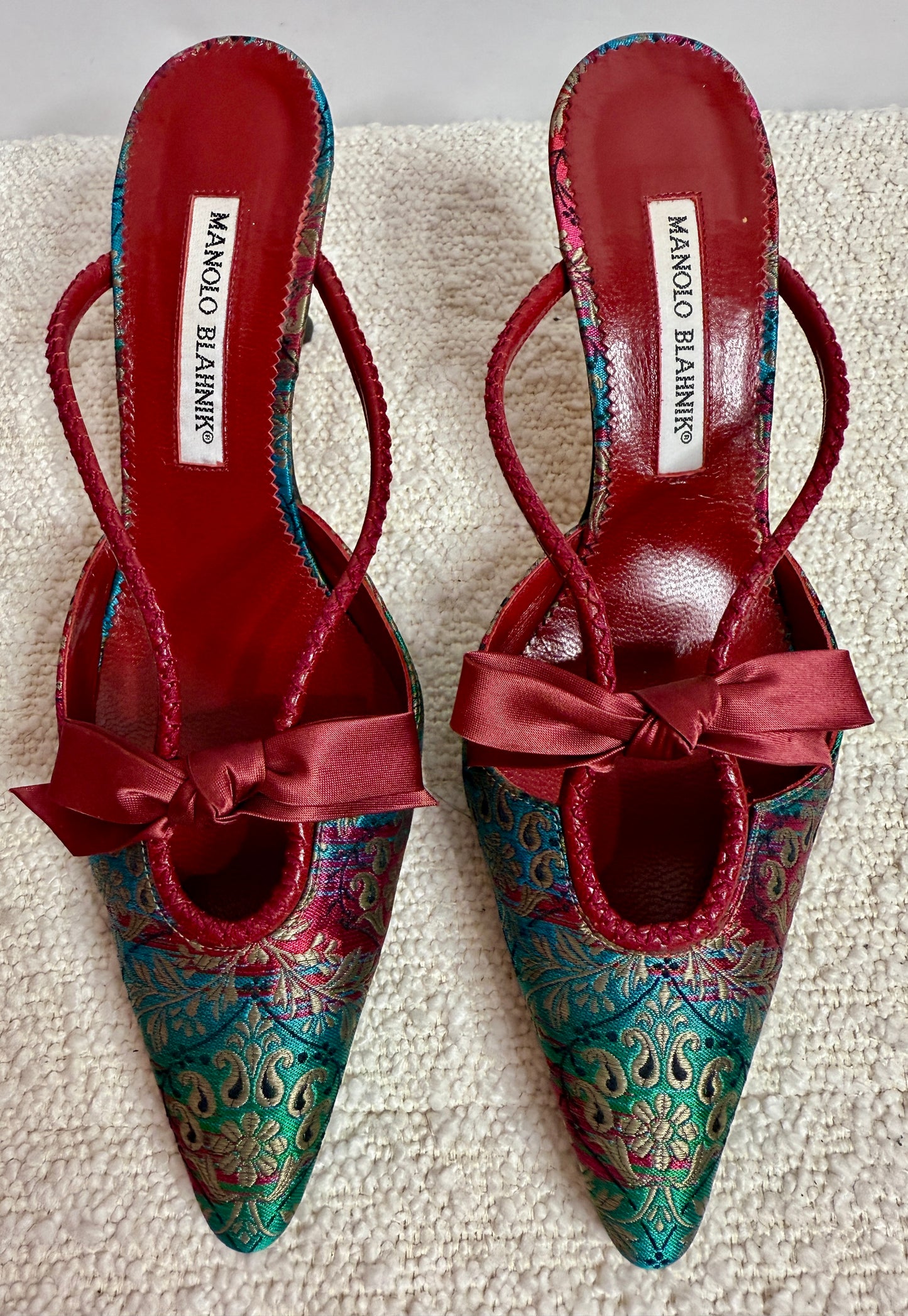 Monolo Blahnik Red/Green Mules 37 1/2