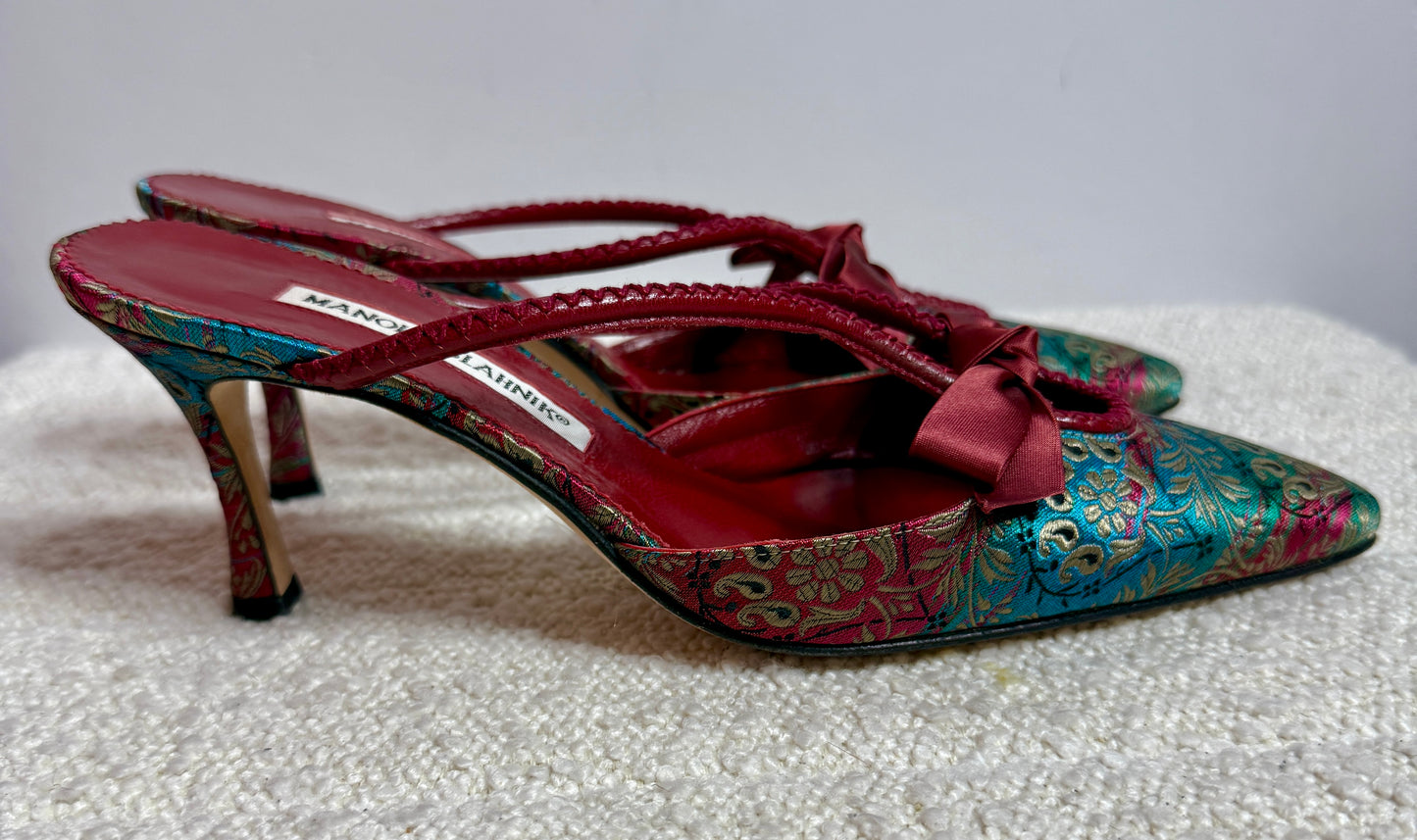 Monolo Blahnik Red/Green Mules 37 1/2
