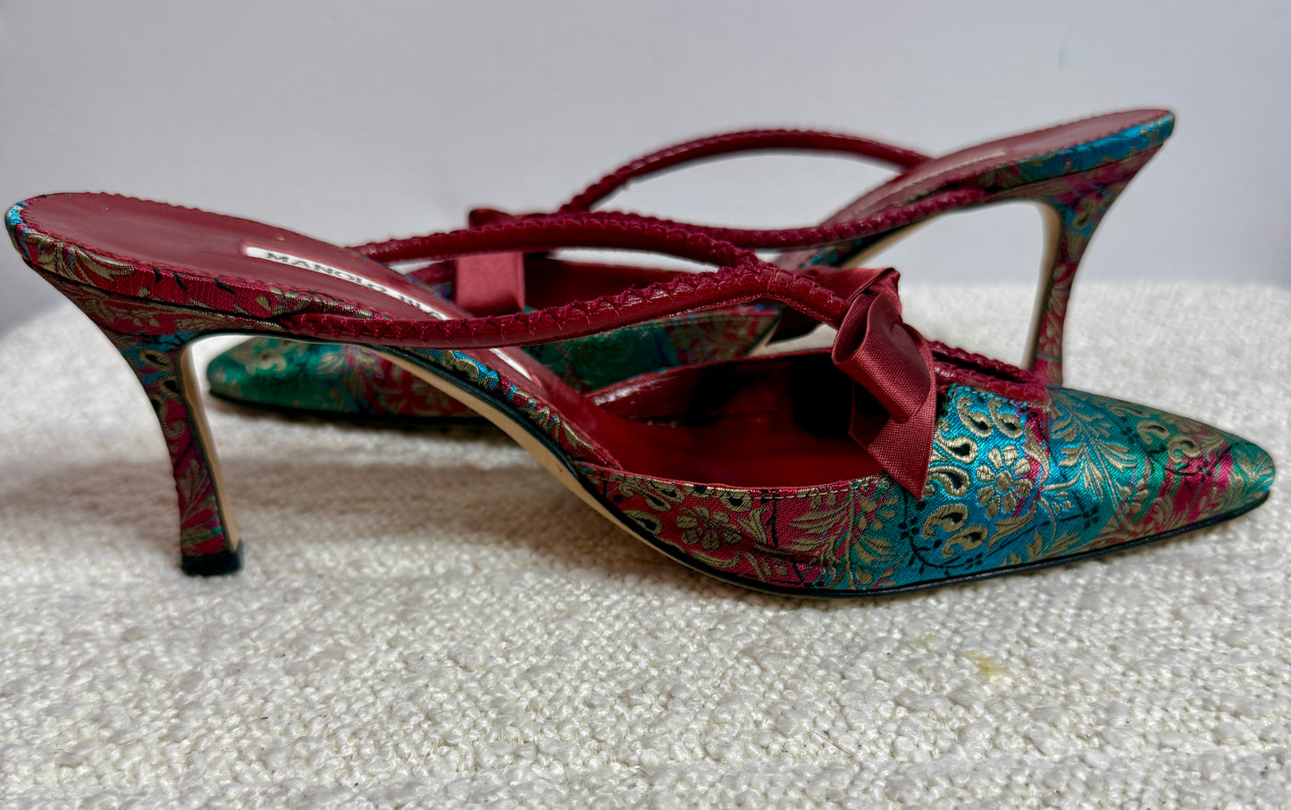Monolo Blahnik Red/Green Mules 37 1/2
