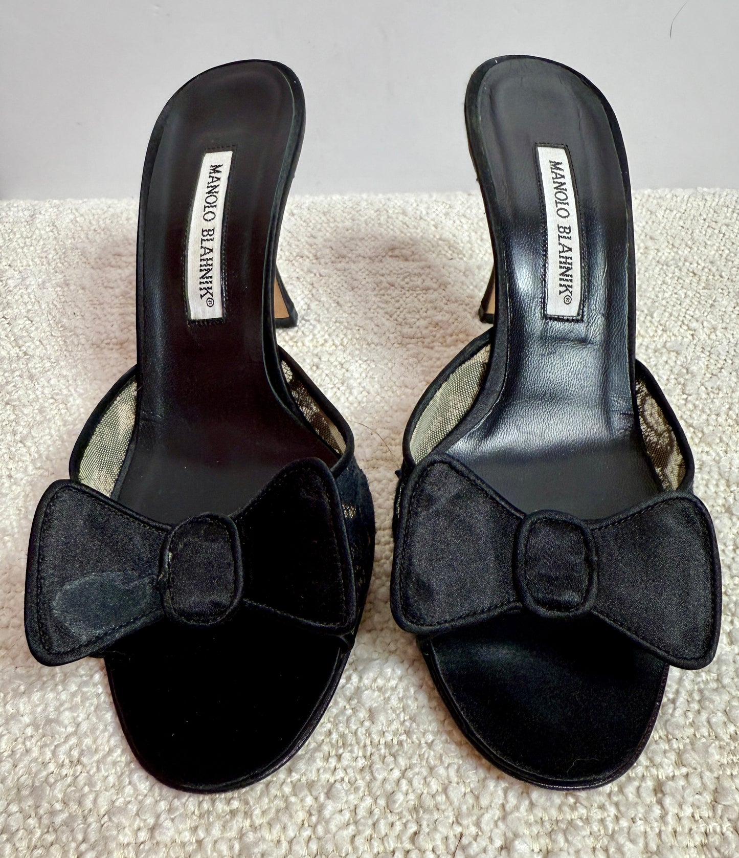 Monolo Blahnik Black Lace Bow Heels 38