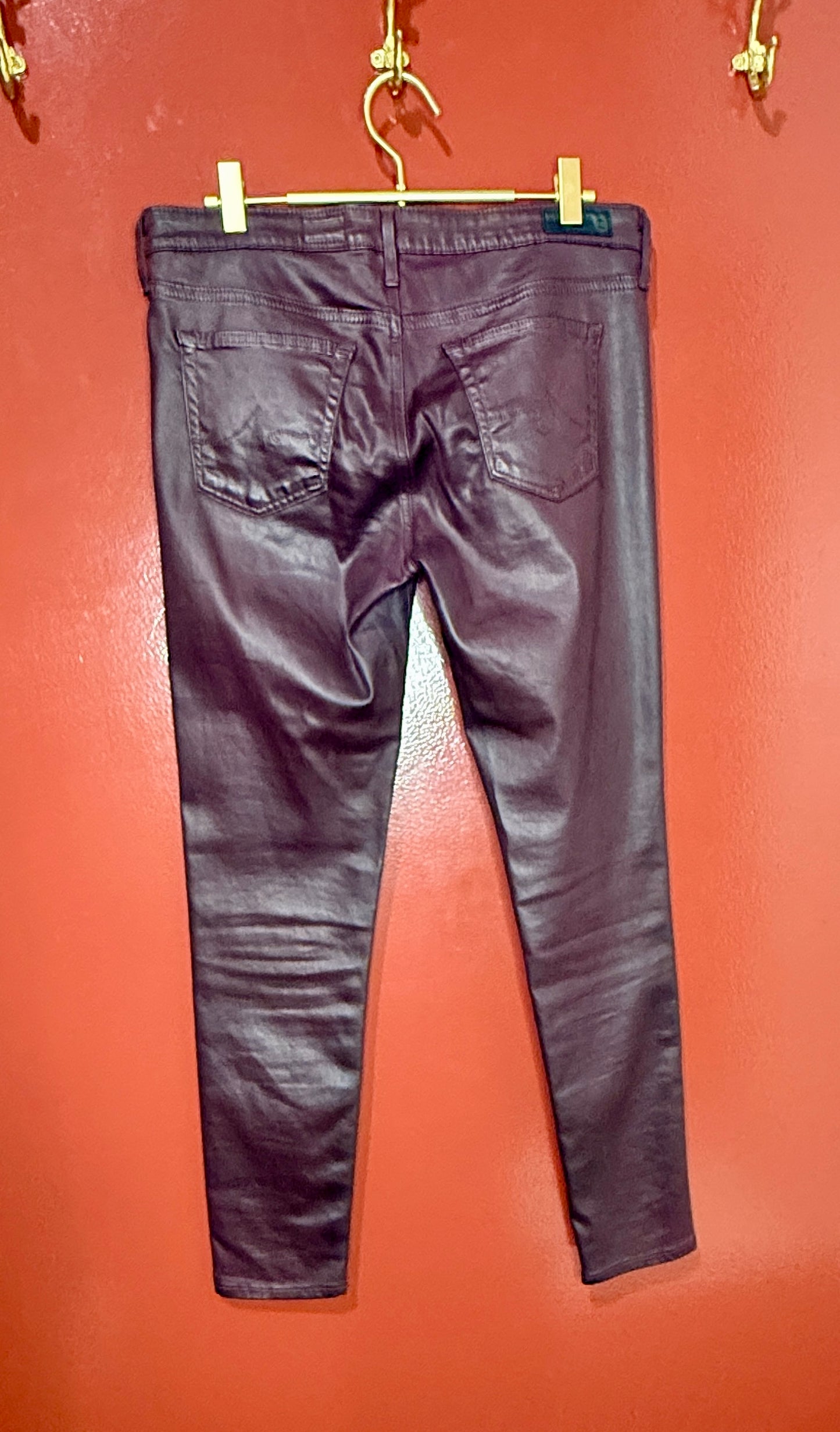 AG Super Skinny Ankle Burgendy Coated Jeans 29