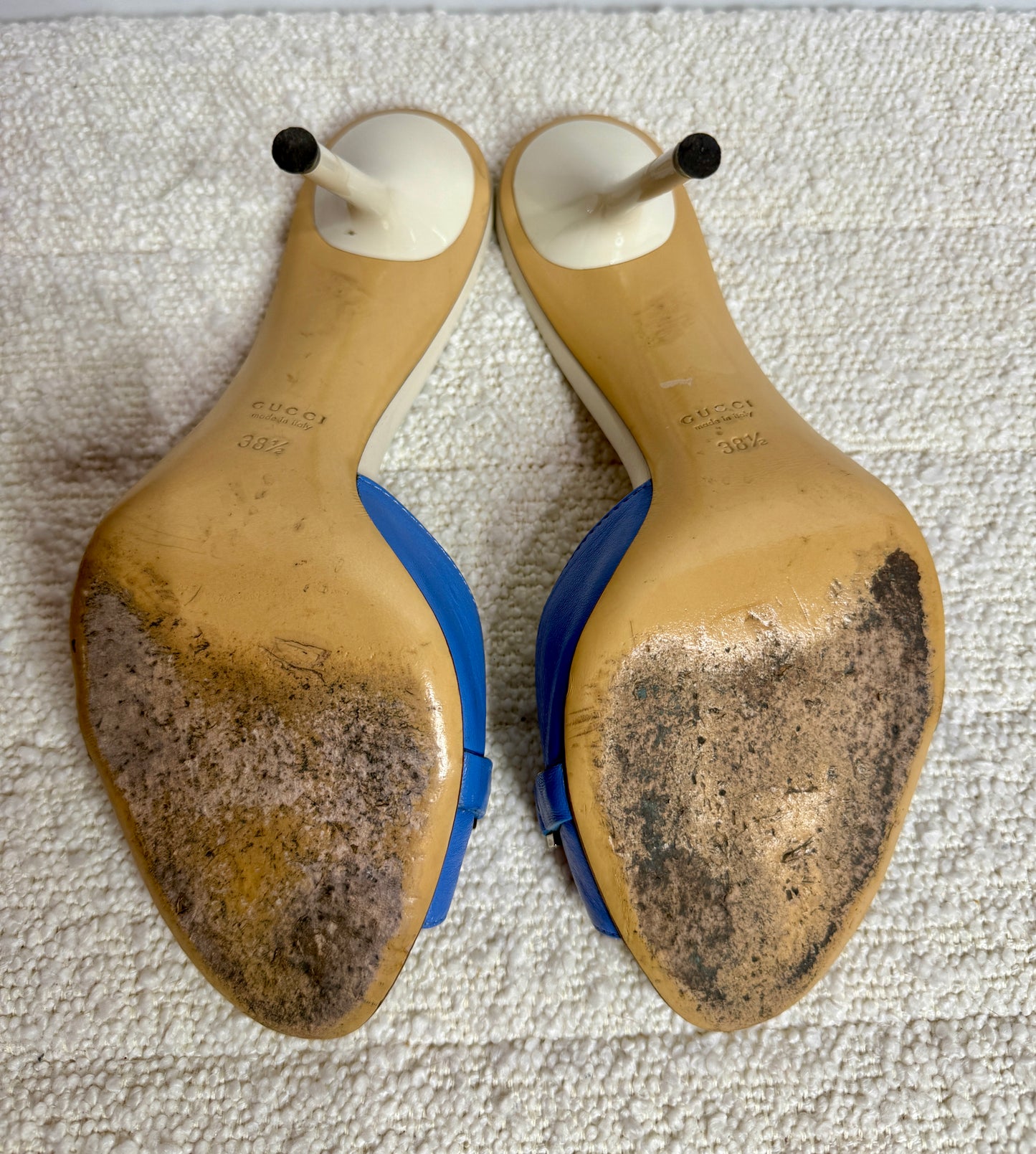 Gucci White and Blue Guccisima Horsebit Mules 38 1/2