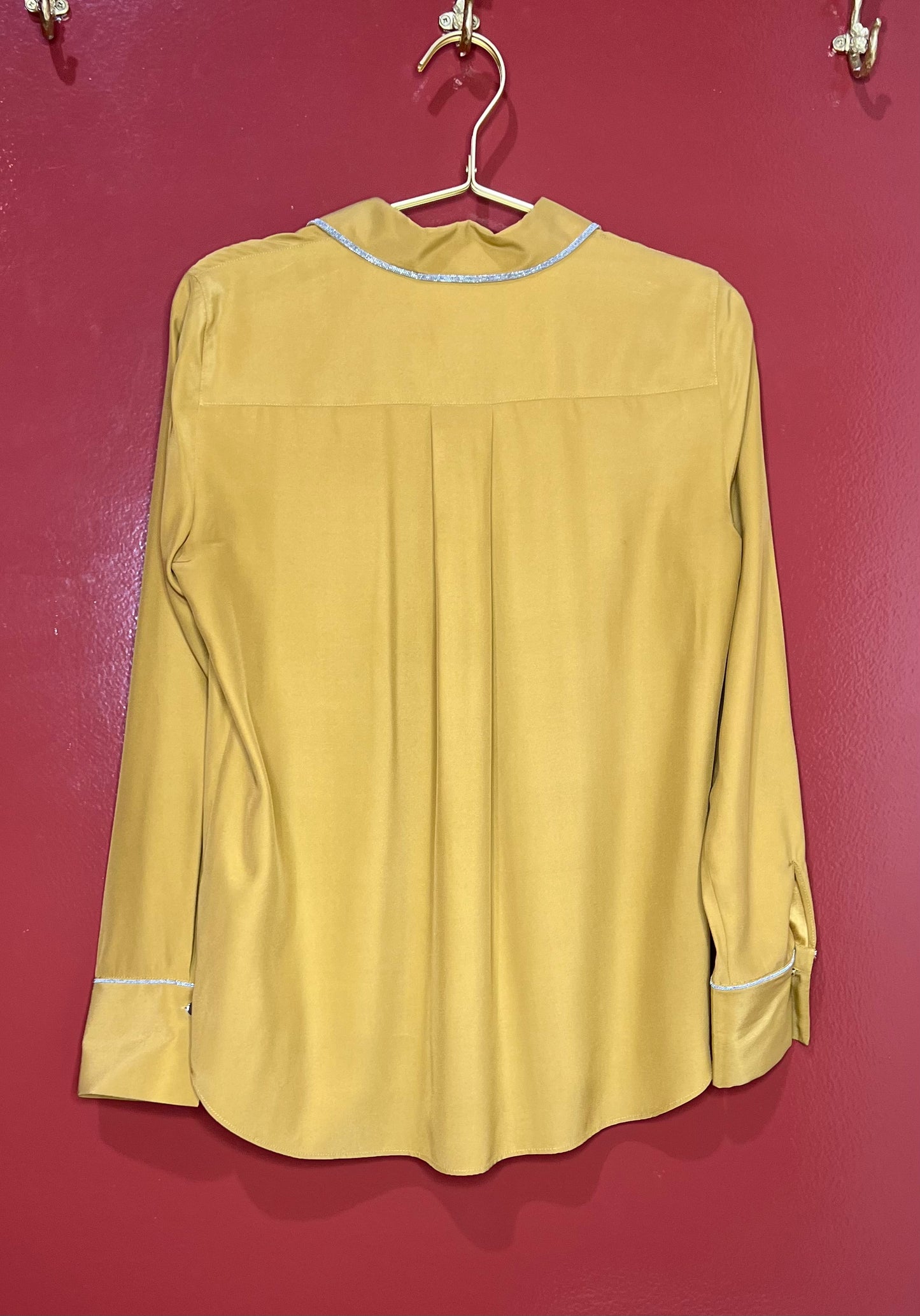 Lafayette 148 Mustard Silk Beaded Collard Button Down XS