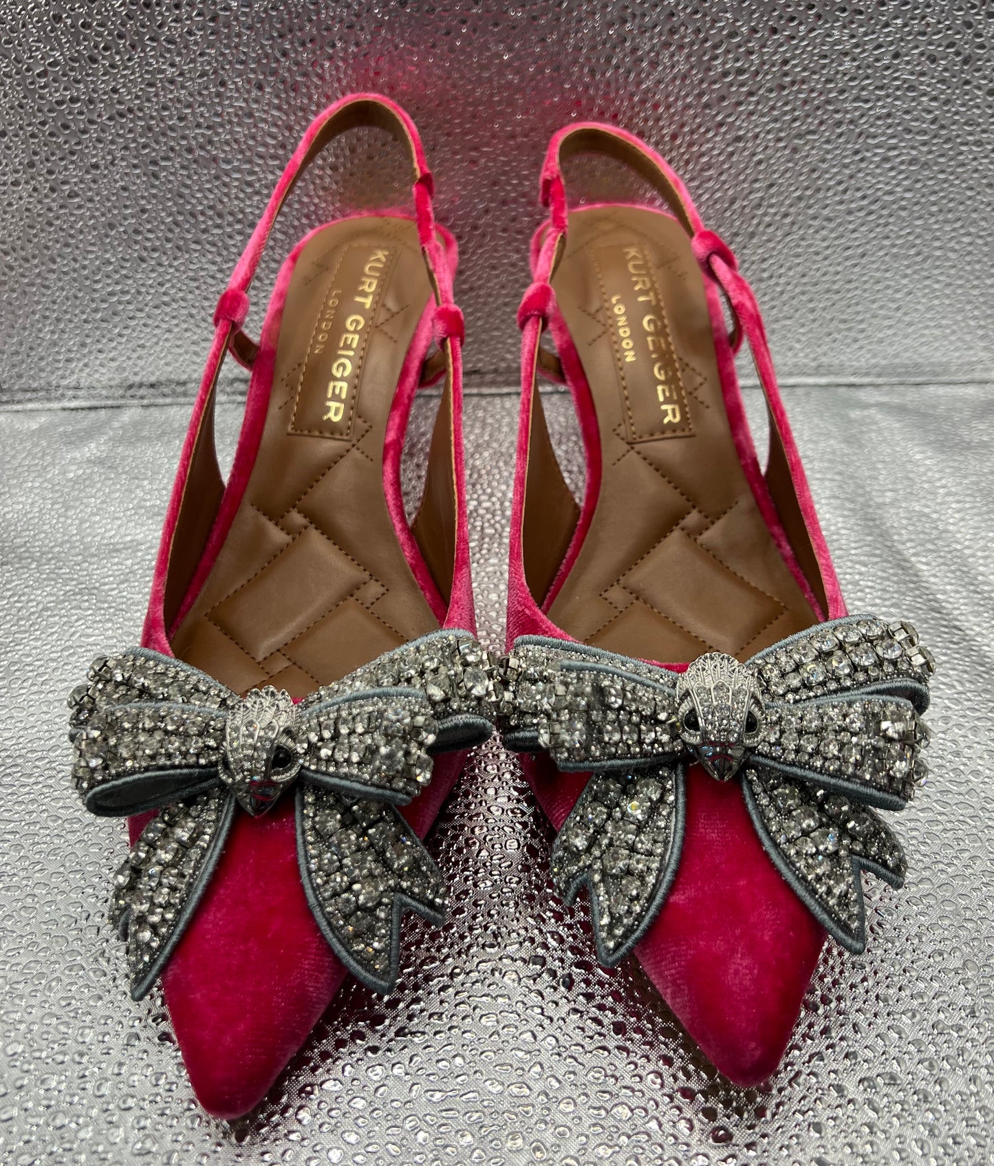 Kurt Geiger Pink Velvet Rhinestone Bow Kitten Heels 39