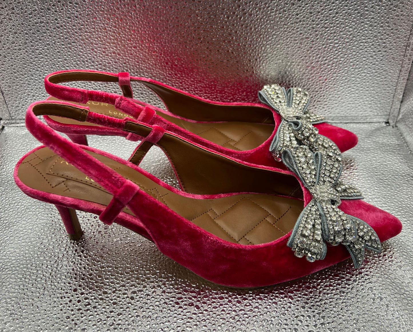 Kurt Geiger Pink Velvet Rhinestone Bow Kitten Heels 39