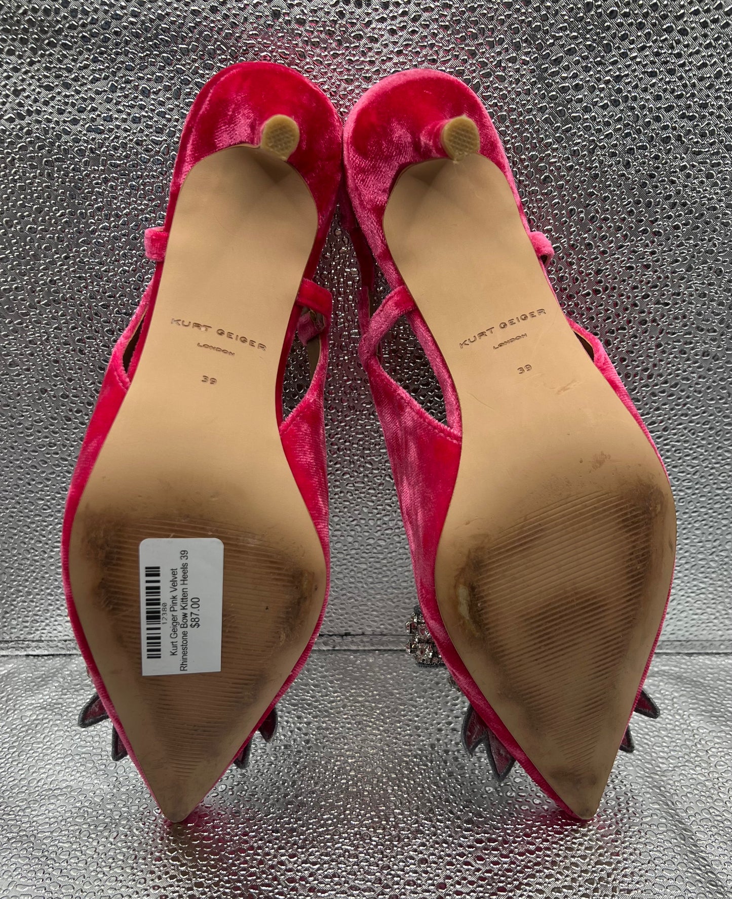 Kurt Geiger Pink Velvet Rhinestone Bow Kitten Heels 39