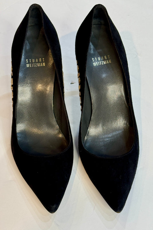 Stuart Weitzman Black Suede Heels with Brass Studs 9