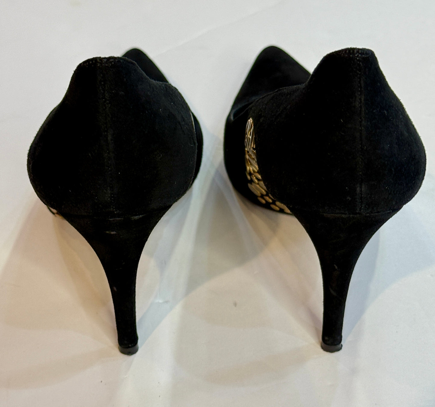 Stuart Weitzman Black Suede Heels with Brass Studs 9