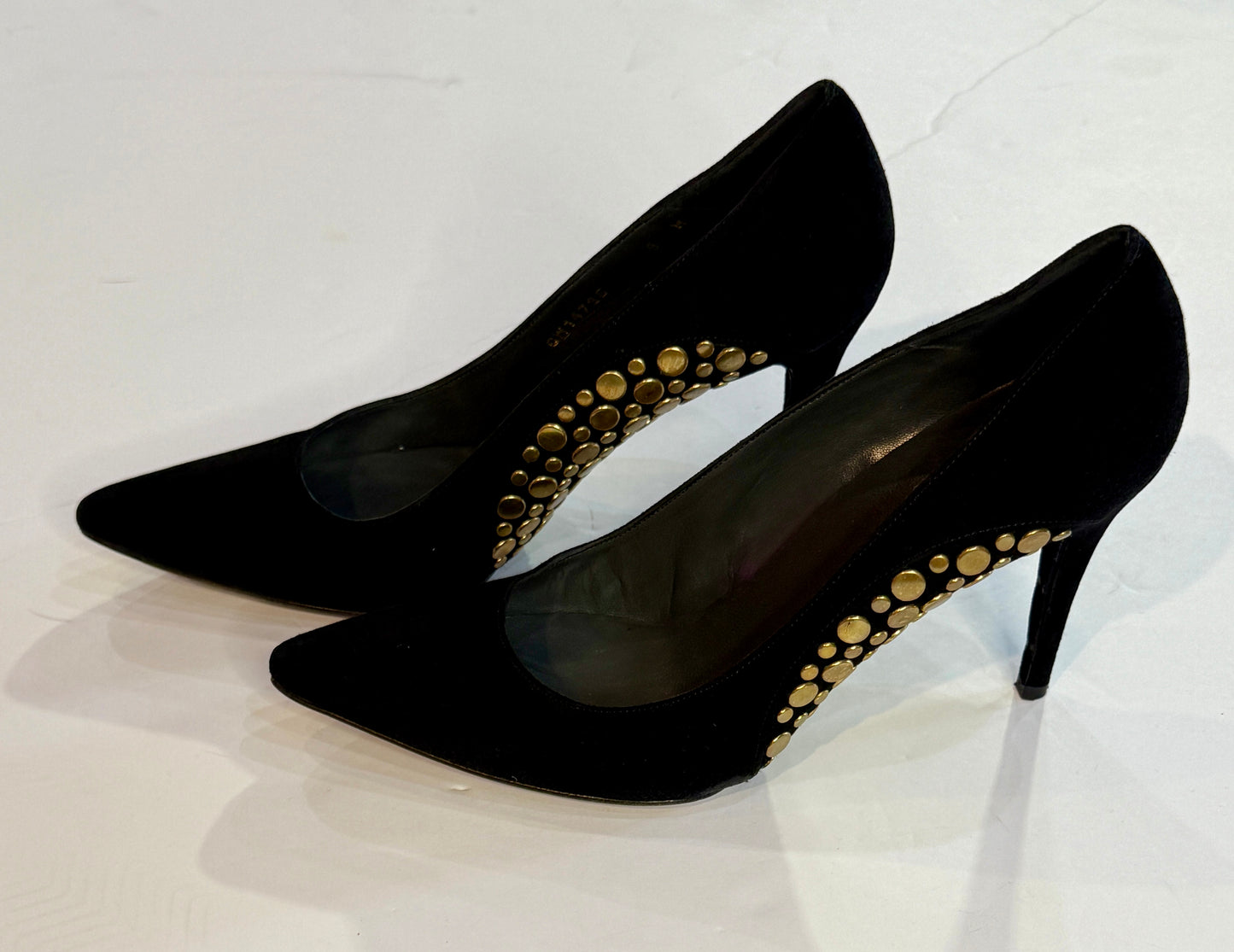 Stuart Weitzman Black Suede Heels with Brass Studs 9